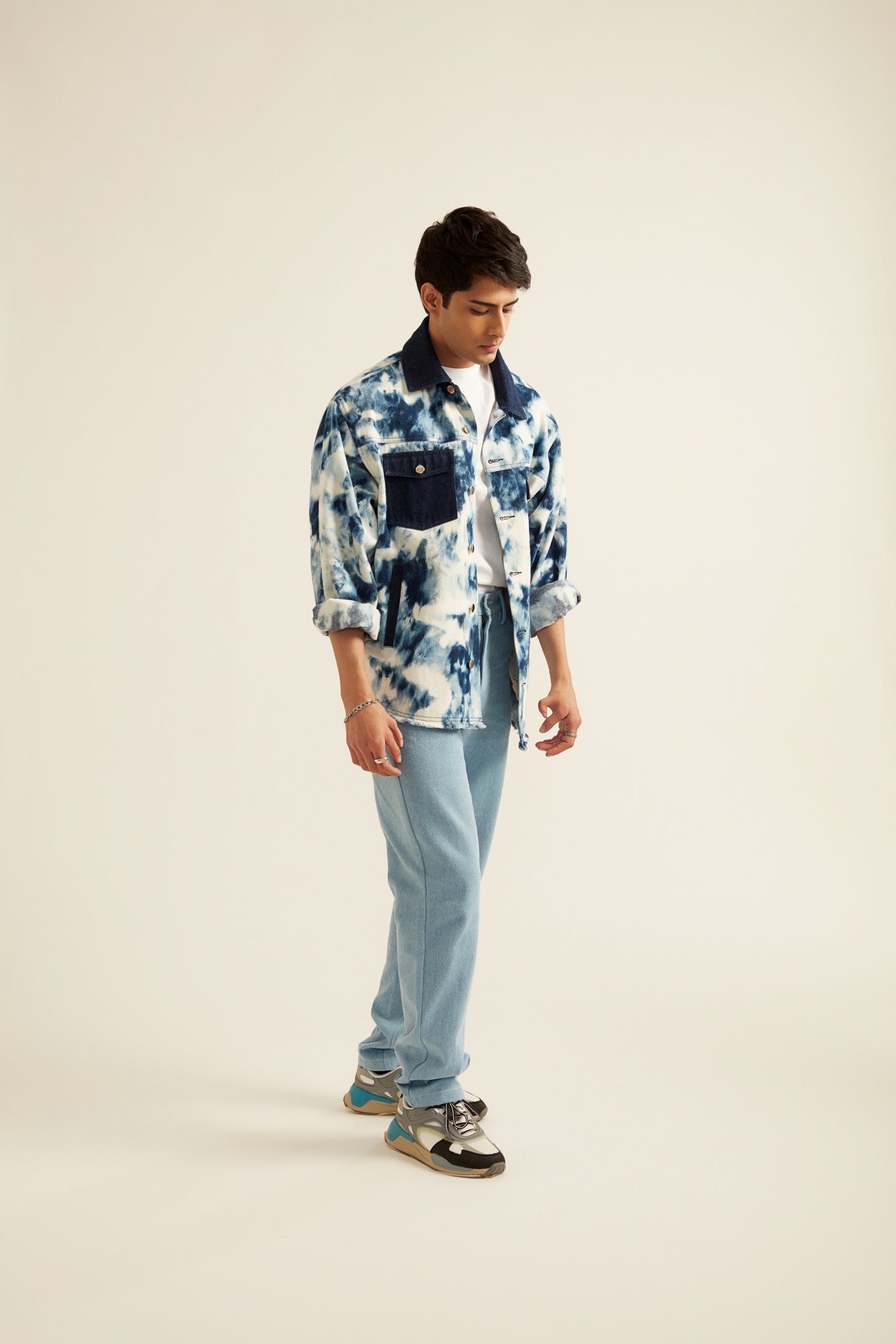 Blue and White Tie-Dye Effect Oversized Jacket
