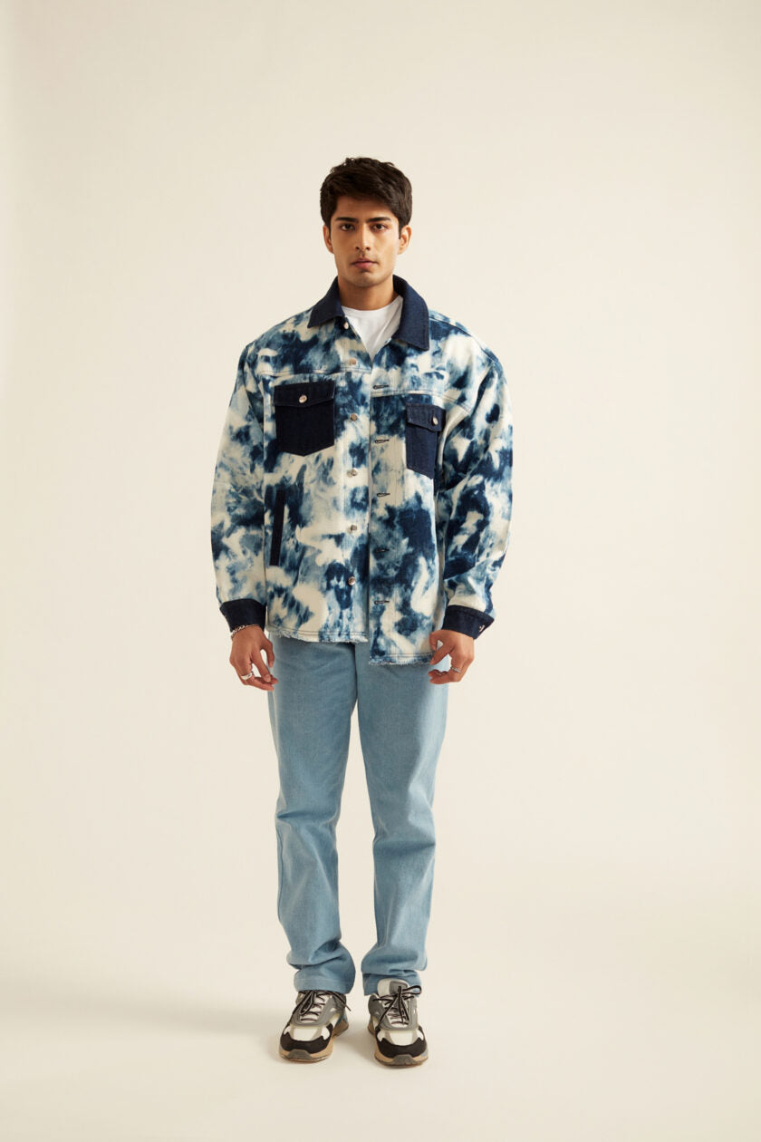 Blue and White Tie-Dye Effect Oversized Jacket