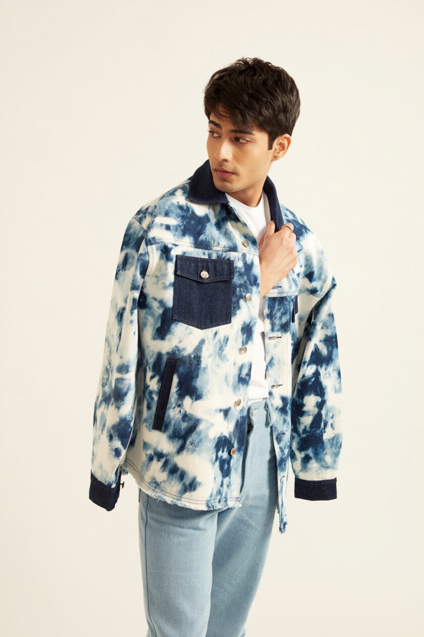 Blue and White Tie-Dye Effect Oversized Jacket