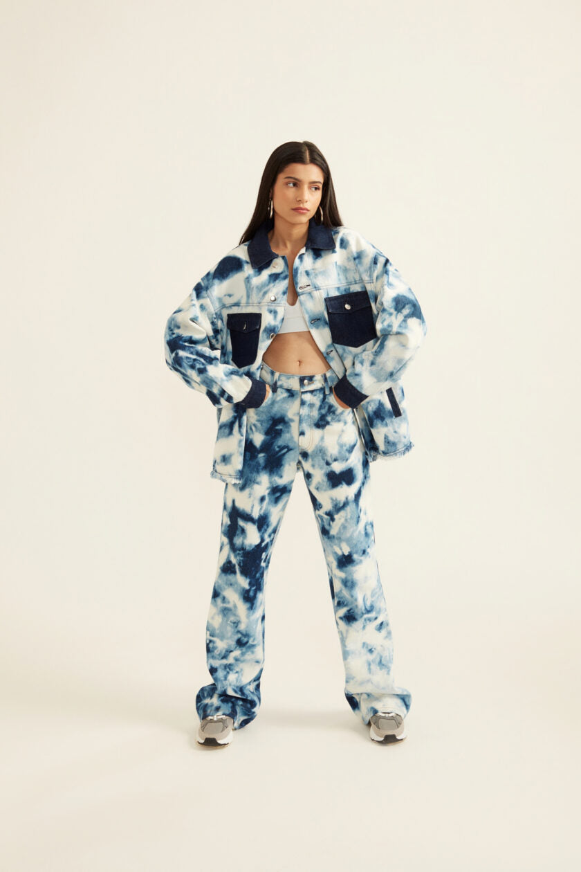 Blue and White Tie-Dye Effect Oversized Jacket