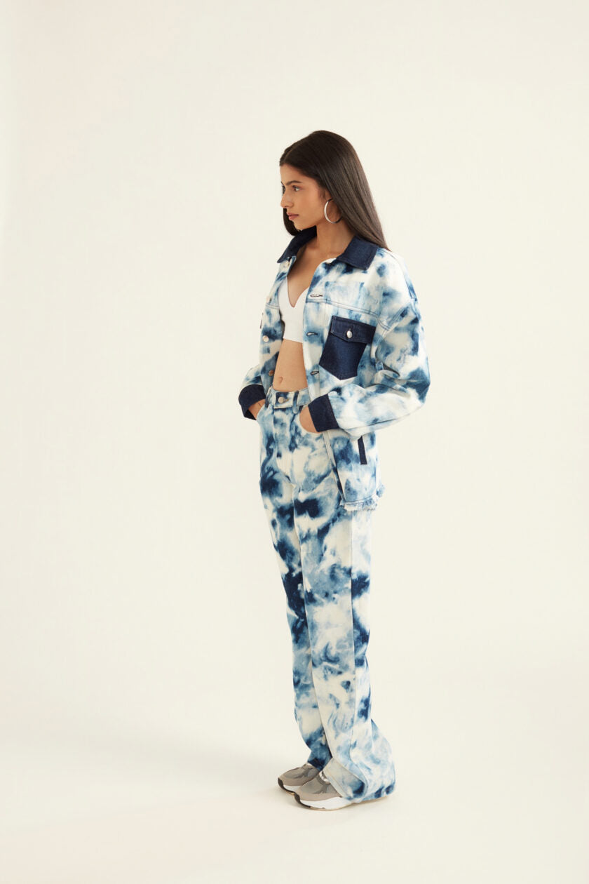 Blue and White Tie-Dye Effect Oversized Jacket