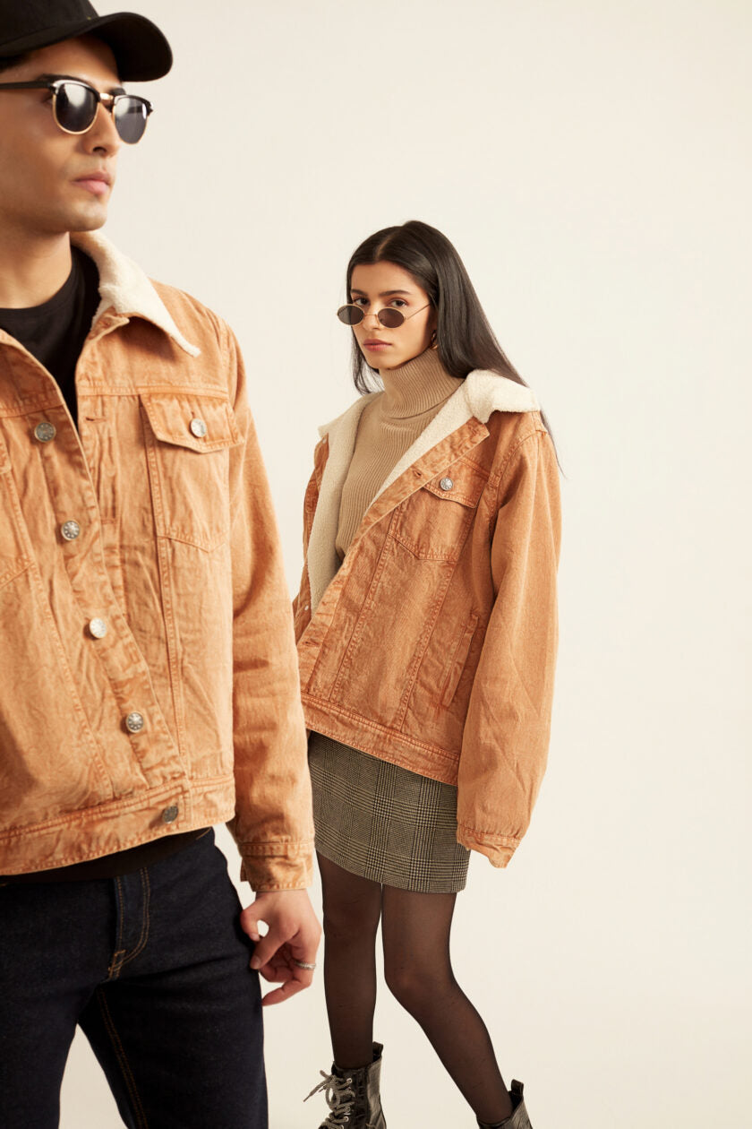 Brown Acid Washed Twill Jacket with Faux Fur