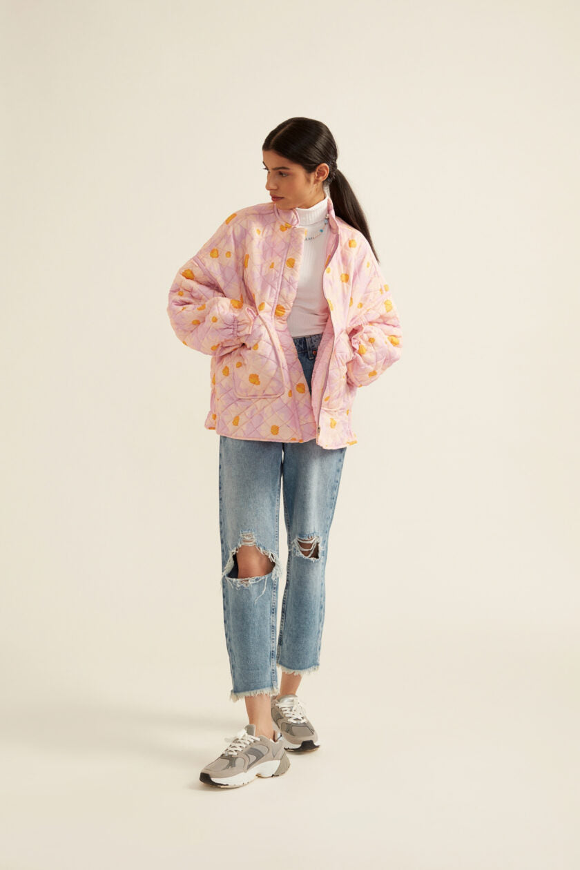 Lilac Floral Print Quilted Jacket