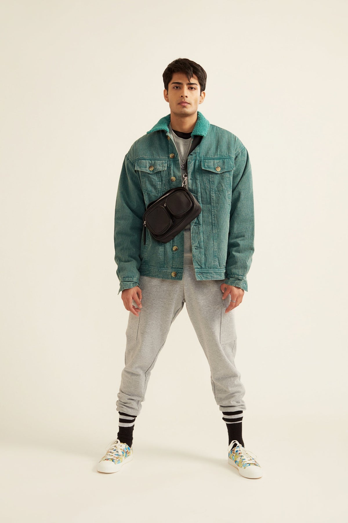 Green Acid Washed Twill Jacket with Faux Fur
