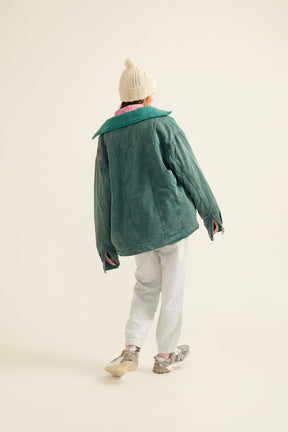 Green Acid Washed Twill Jacket with Faux Fur