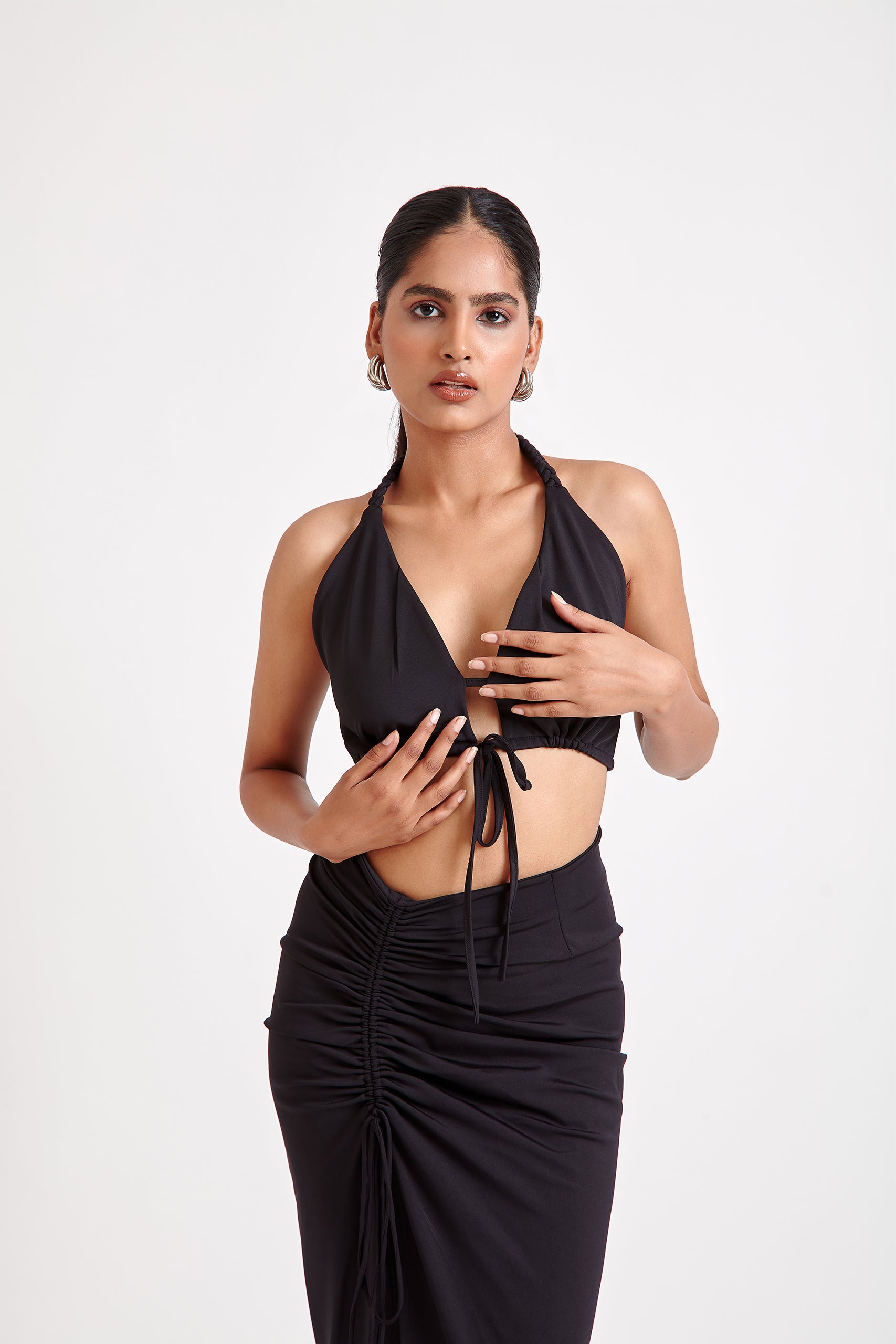 Front Tie-up Top and Asymmetrical Skirt Set