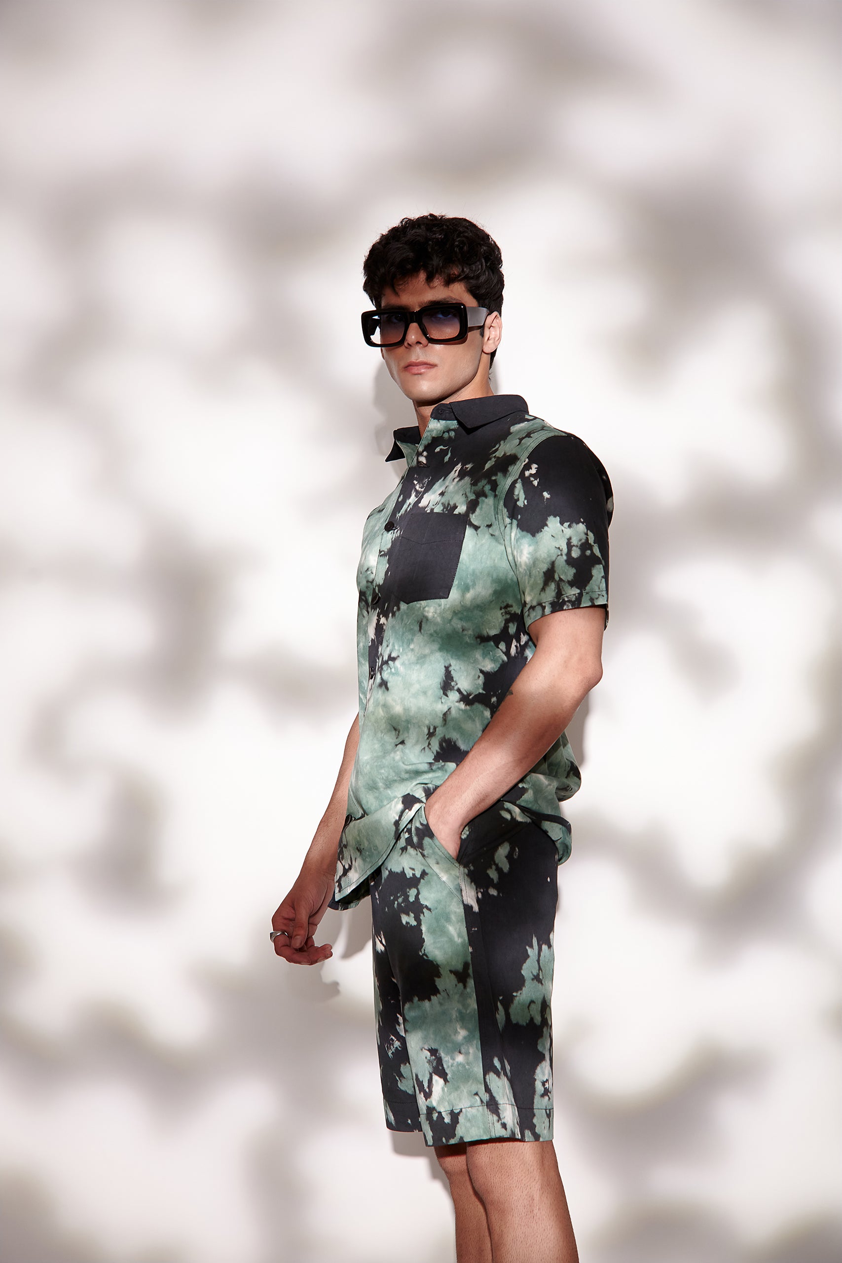 Tie & Dye Twill Men's Shirt and Shorts Set- Green & Black