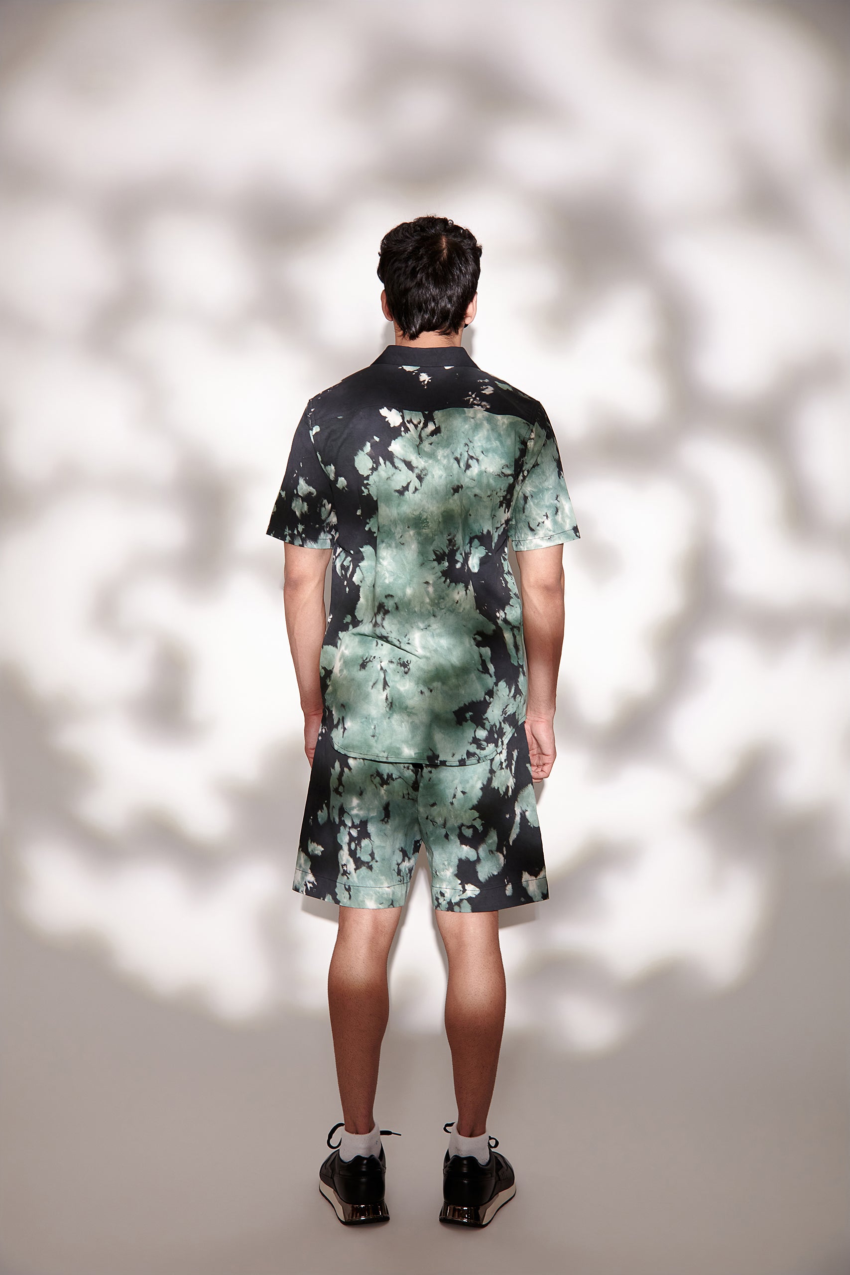 Tie & Dye Twill Men's Shirt and Shorts Set- Green & Black