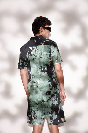 Tie & Dye Twill Men's Shirt and Shorts Set- Green & Black