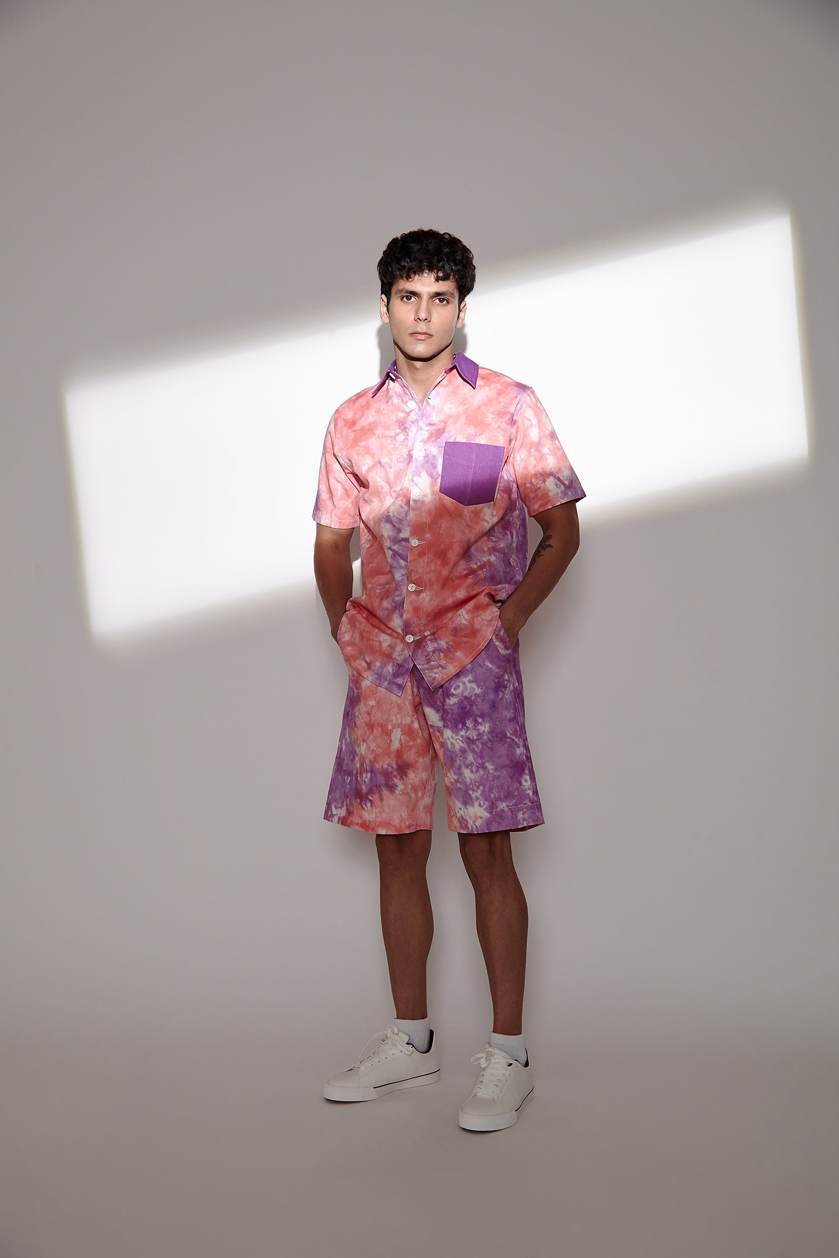 Tie & Dye Twill Men's Shirt and Shorts Set -Pink & Purple