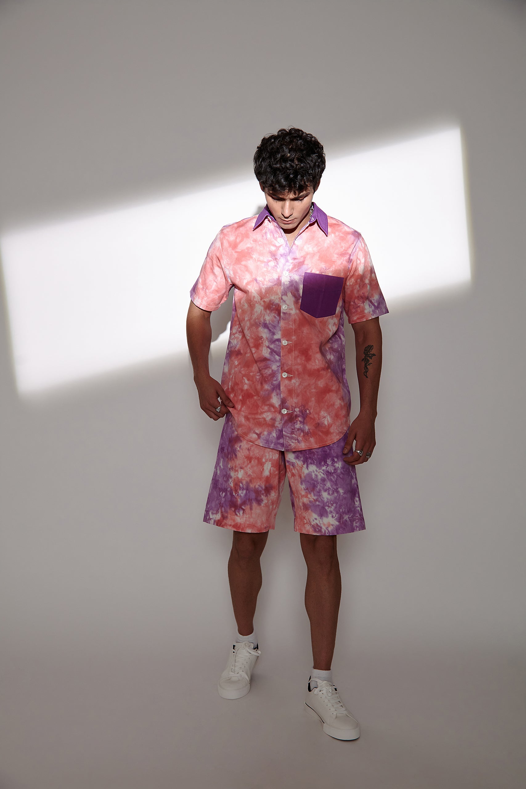 Tie & Dye Twill Men's Shirt and Shorts Set -Pink & Purple