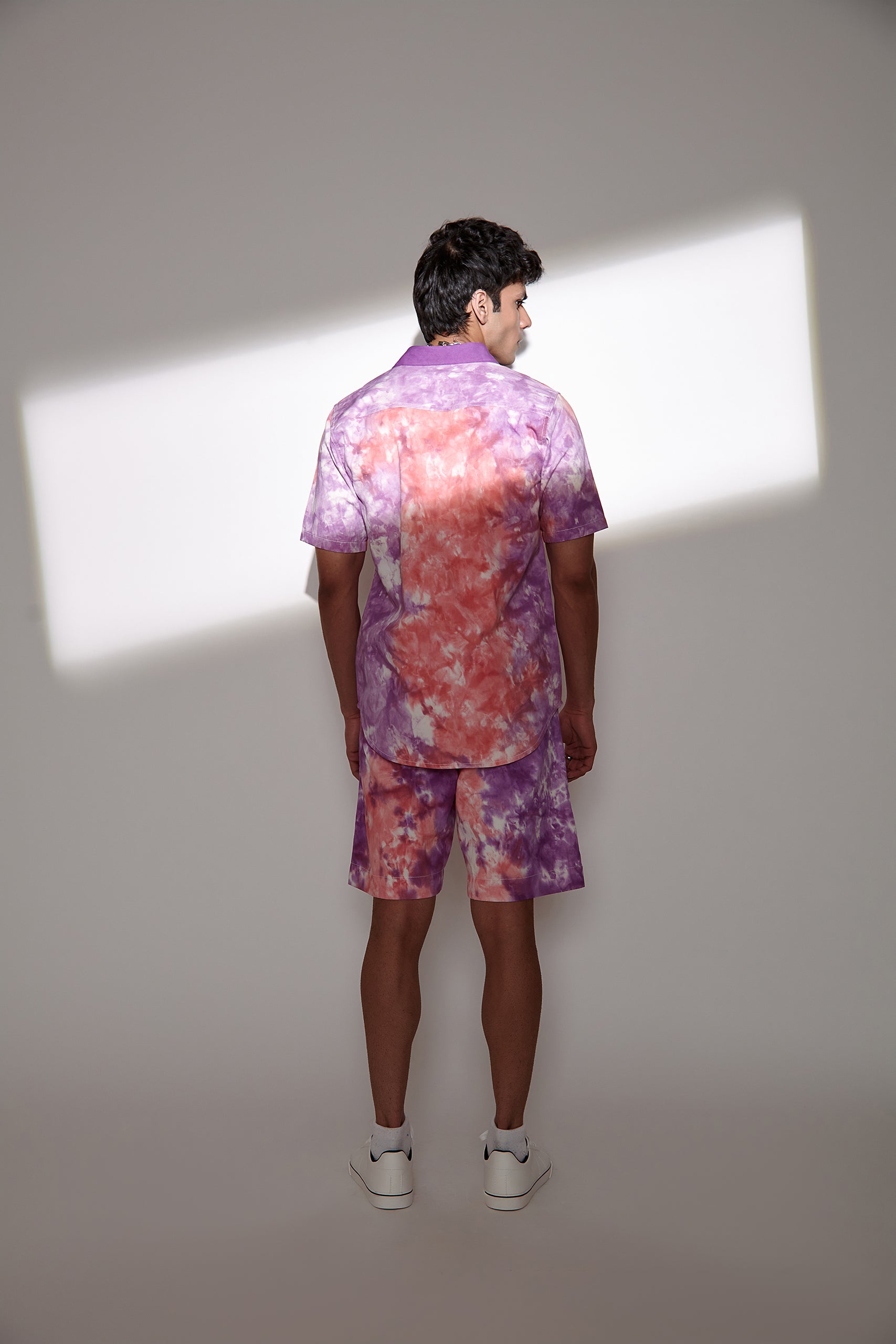 Tie & Dye Twill Men's Shirt and Shorts Set -Pink & Purple