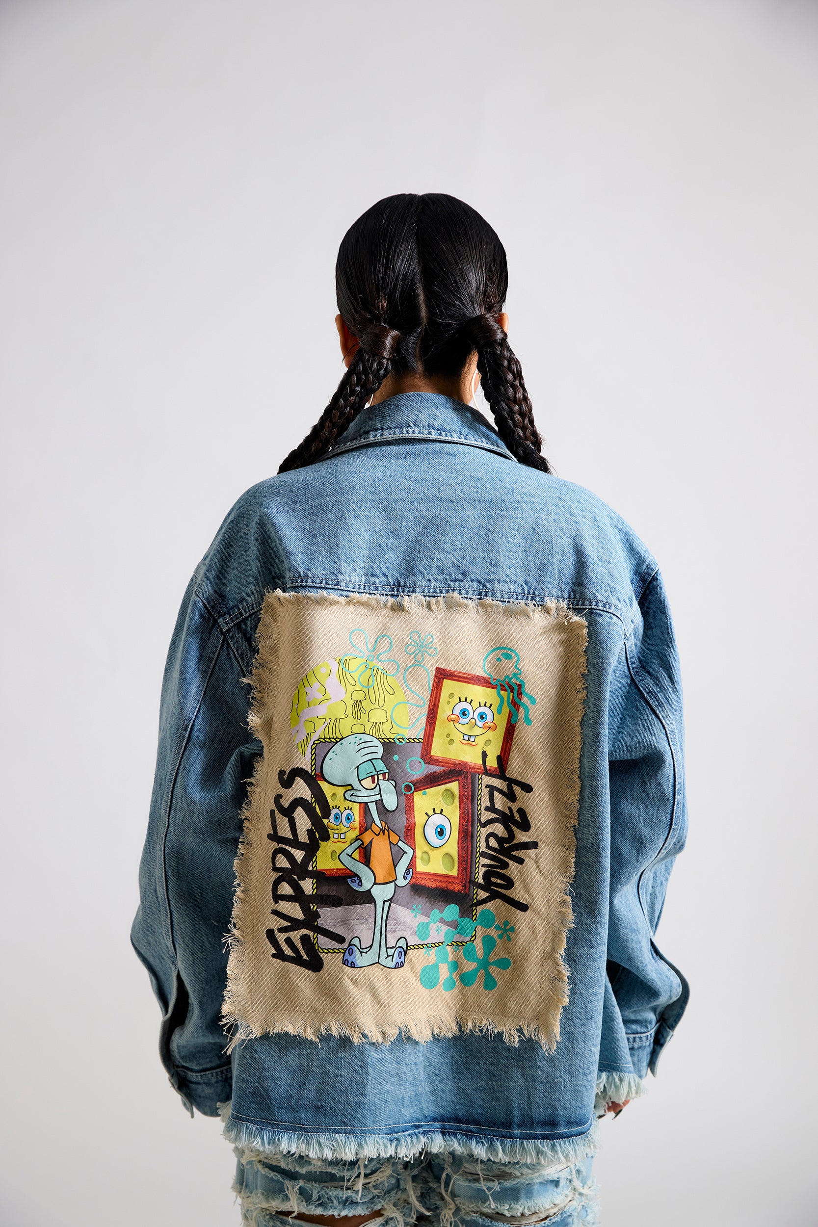 Spongebob:Express Yourself Printed Canvas Oversized Denim Jacket