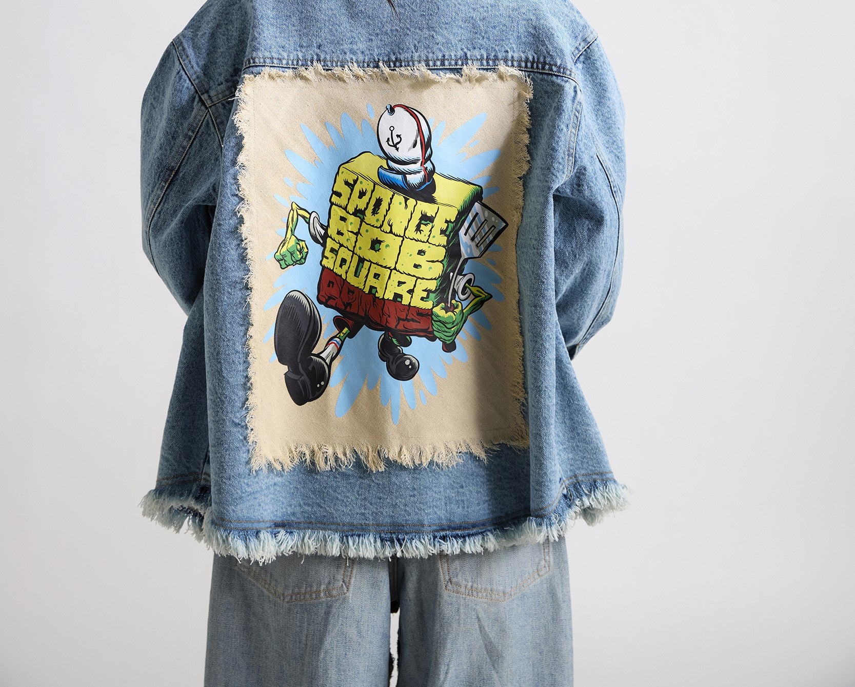 Spongebob: Sponge Script Frycook Printed Canvas Men's Oversized Denim Jacket