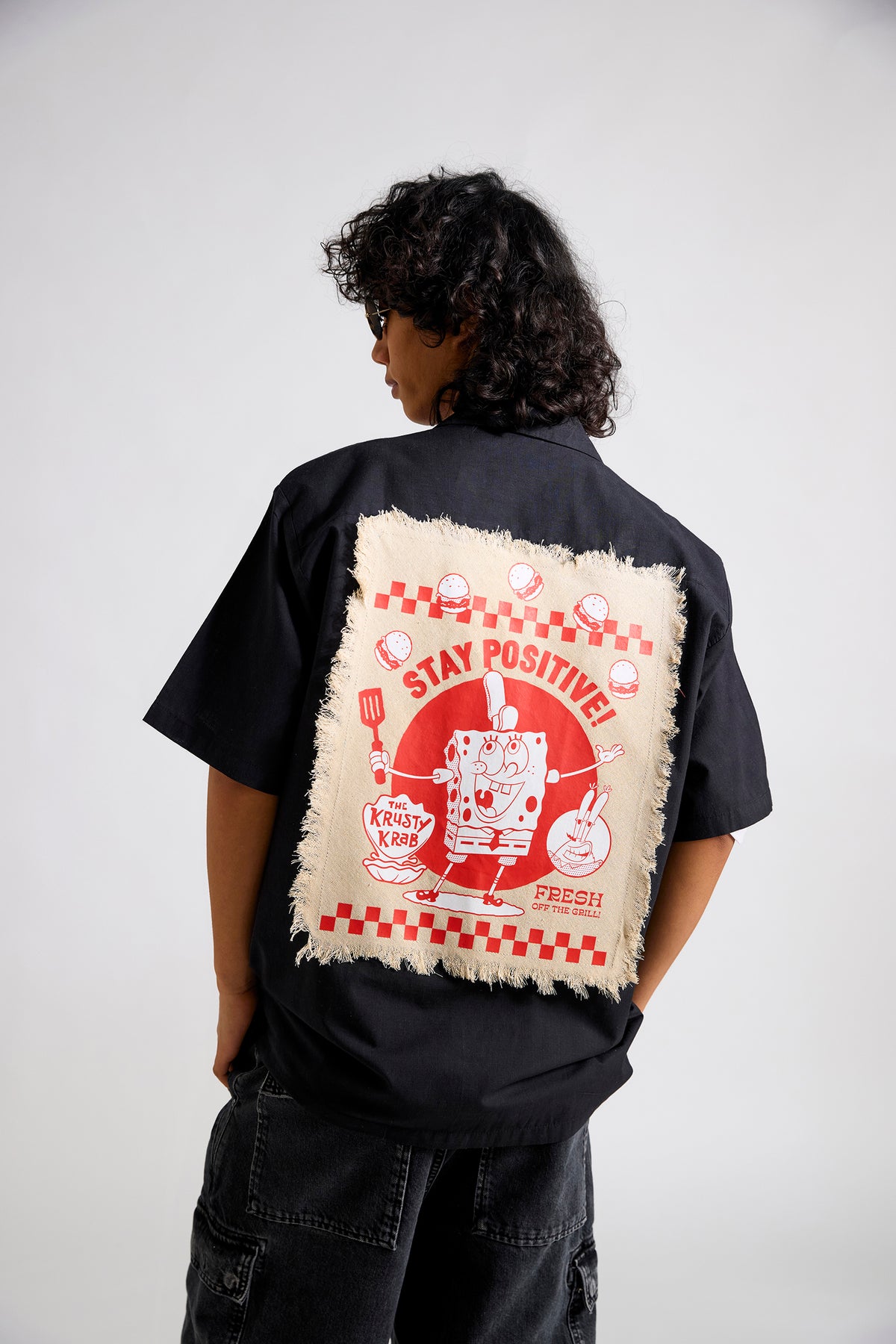 Spongebob:Stay Positive Printed Canvas Cotton Men's Resort Shirt