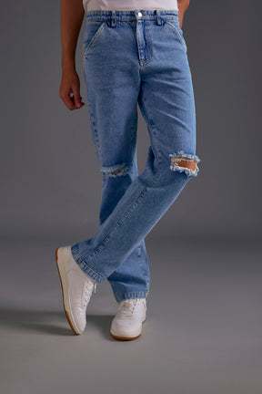 Blue Ripped Knee High Waist Sinead Baggy Fit Jeans | New Look