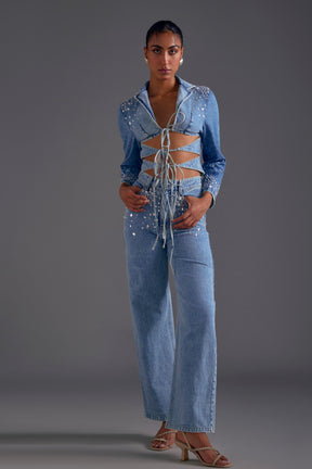 Embellished Cutout Blazer and Jeans Set