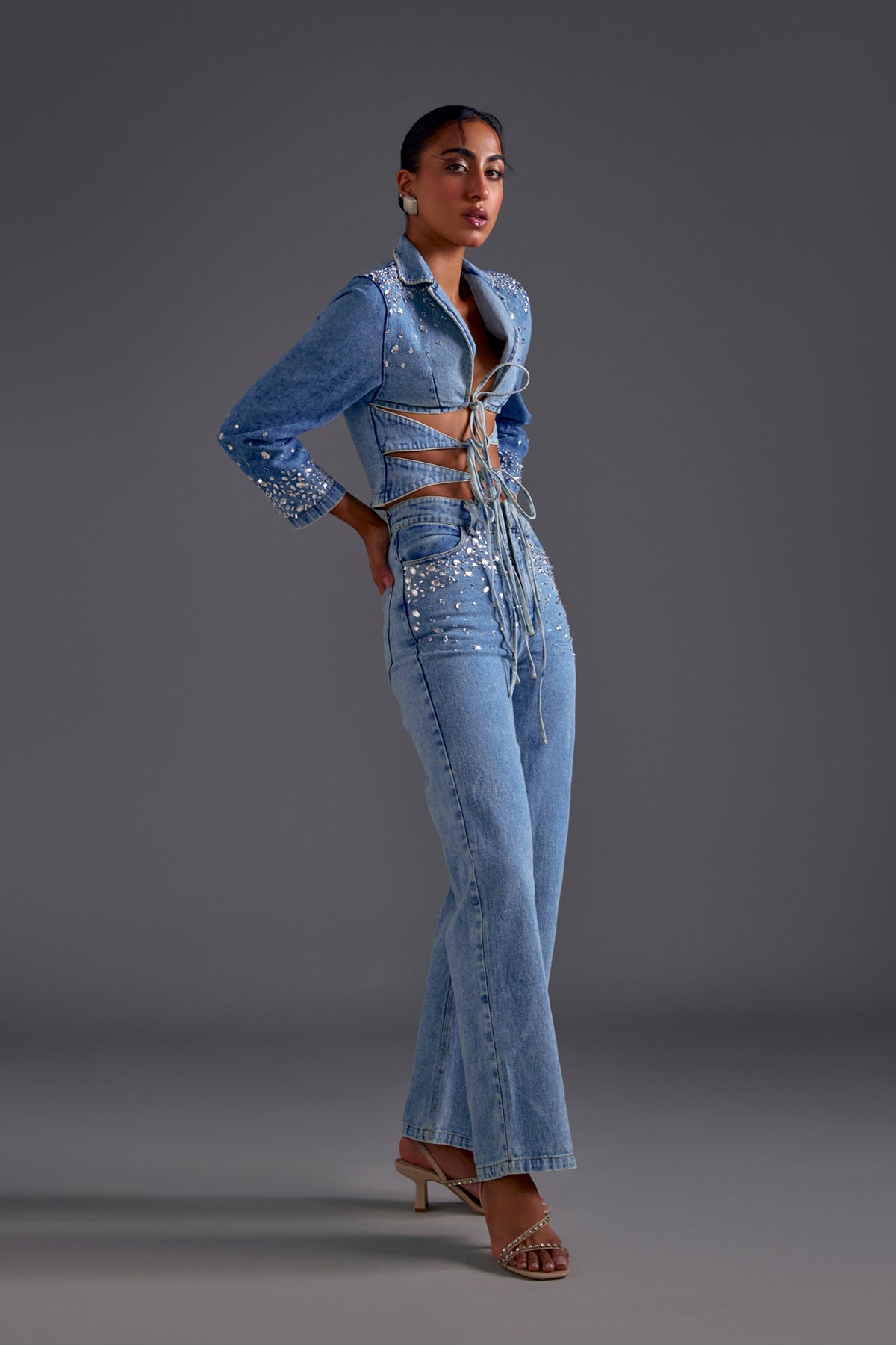 Embellished Cutout Blazer and Jeans Set