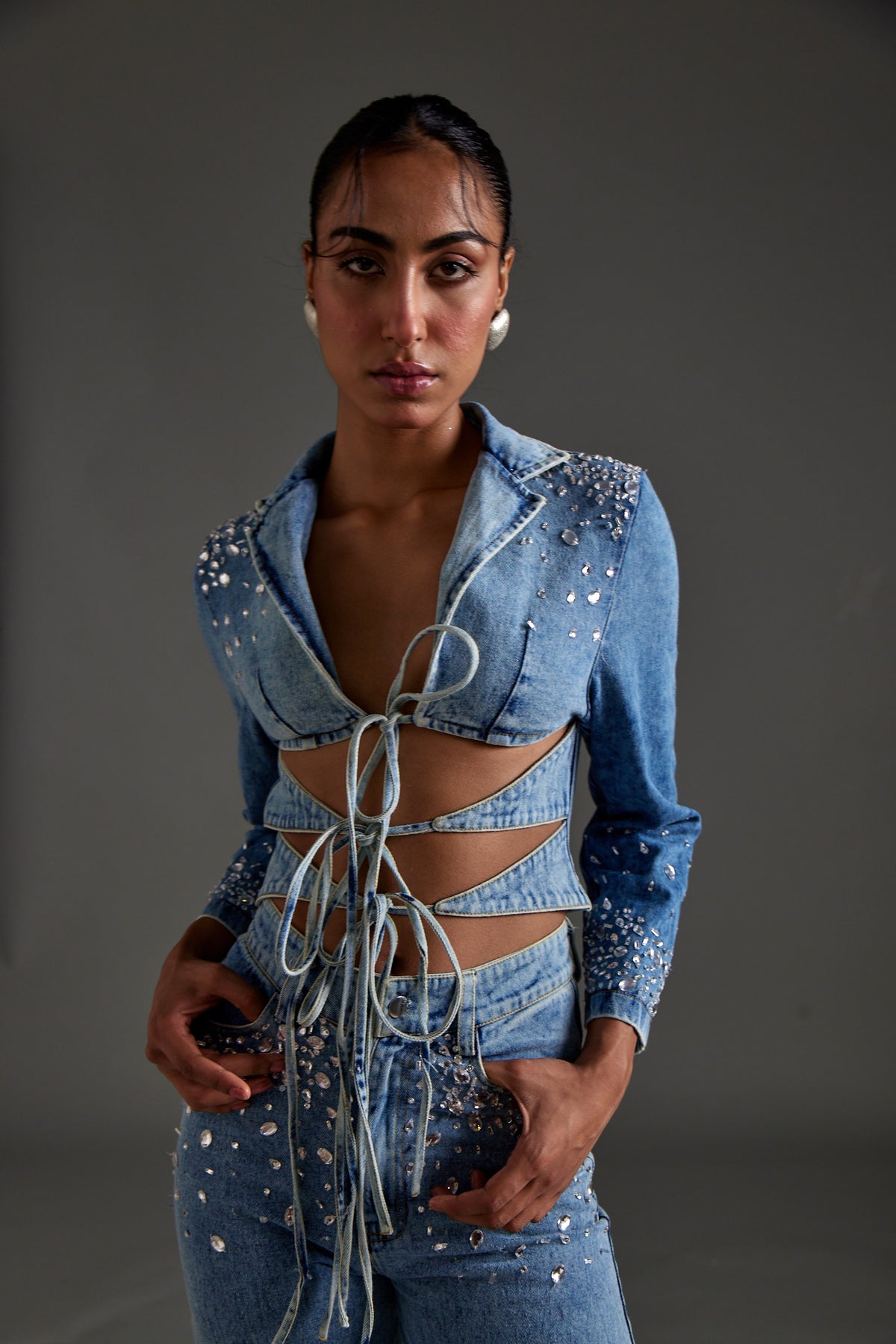 Embellished Cutout Blazer and Jeans Set