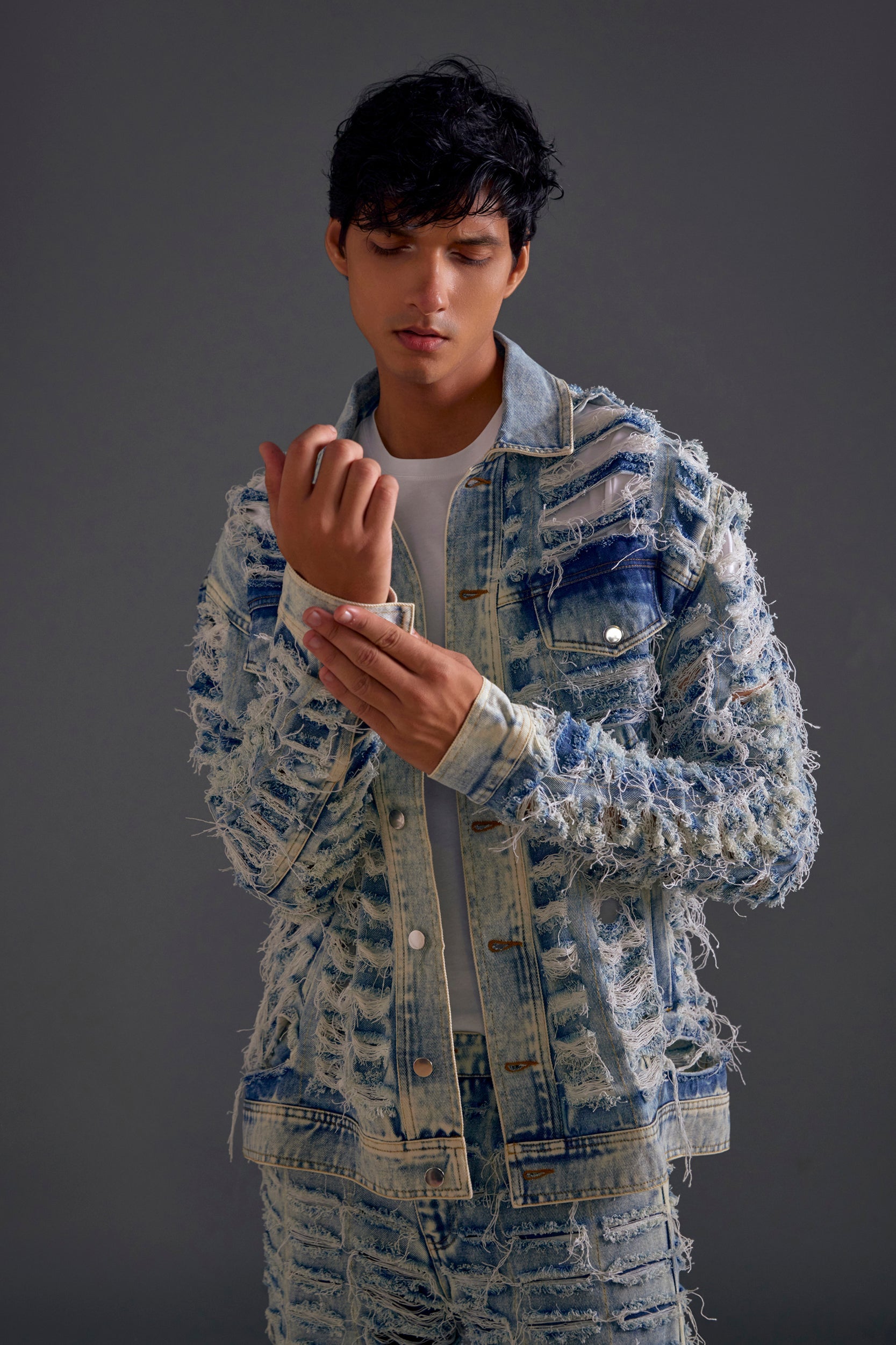 Blue Distressed Denim Jacket - Main Image