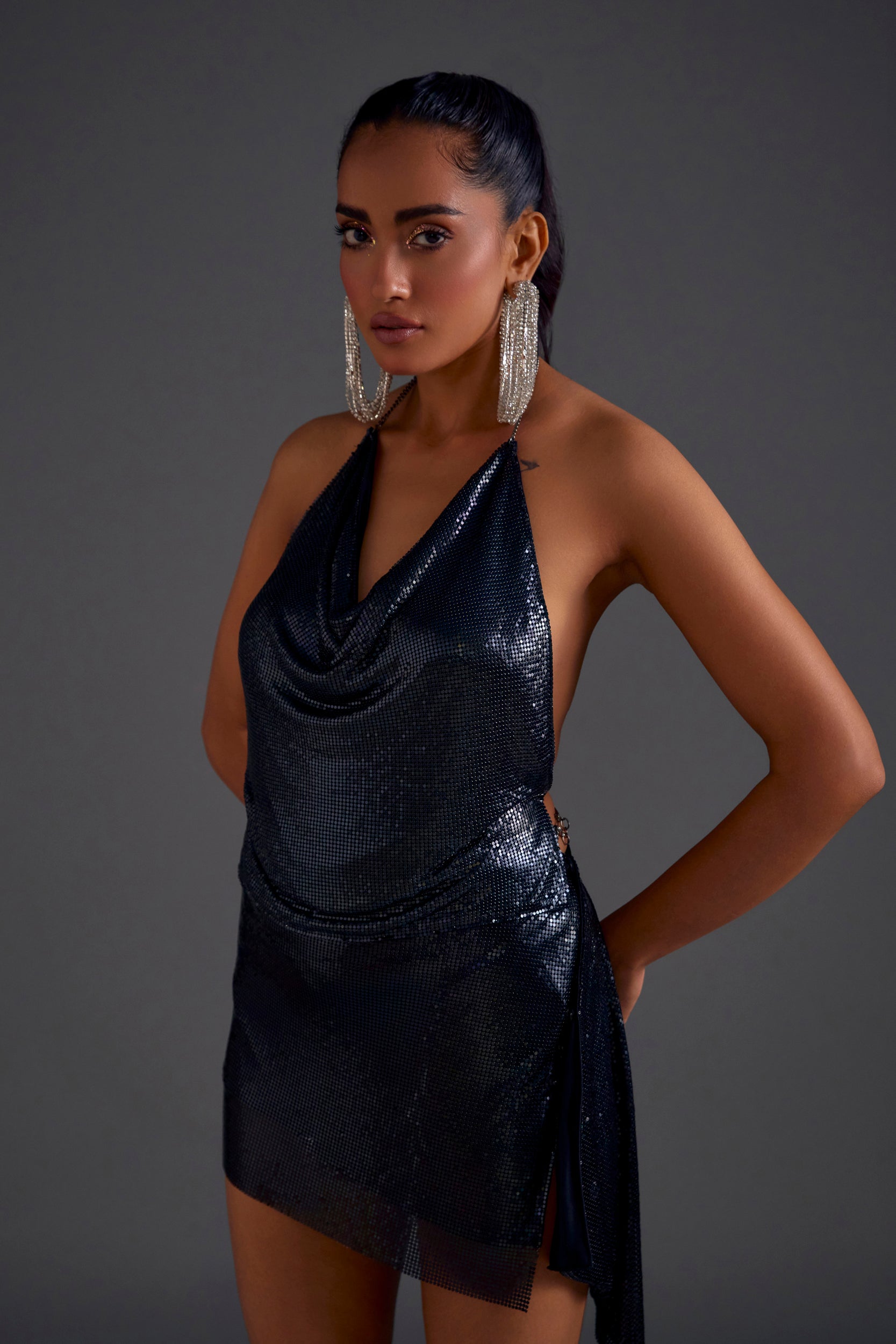 Black-Blue Cowl Chainmail Top