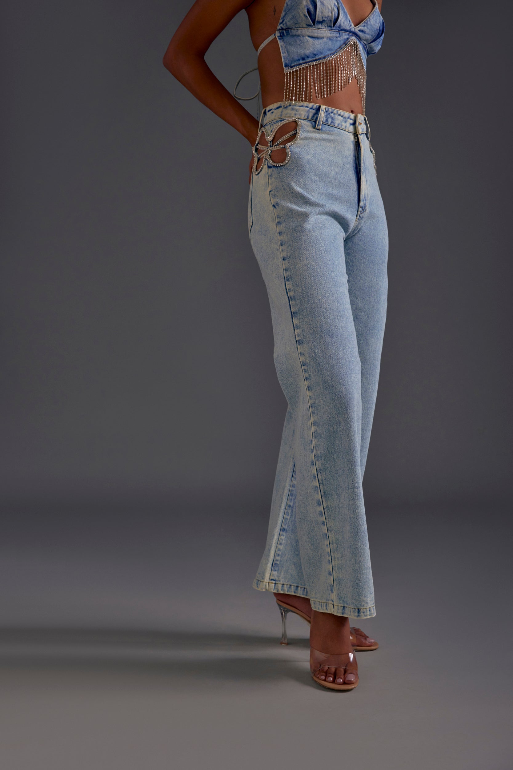 Rhinestone Embellished Cutout Jeans