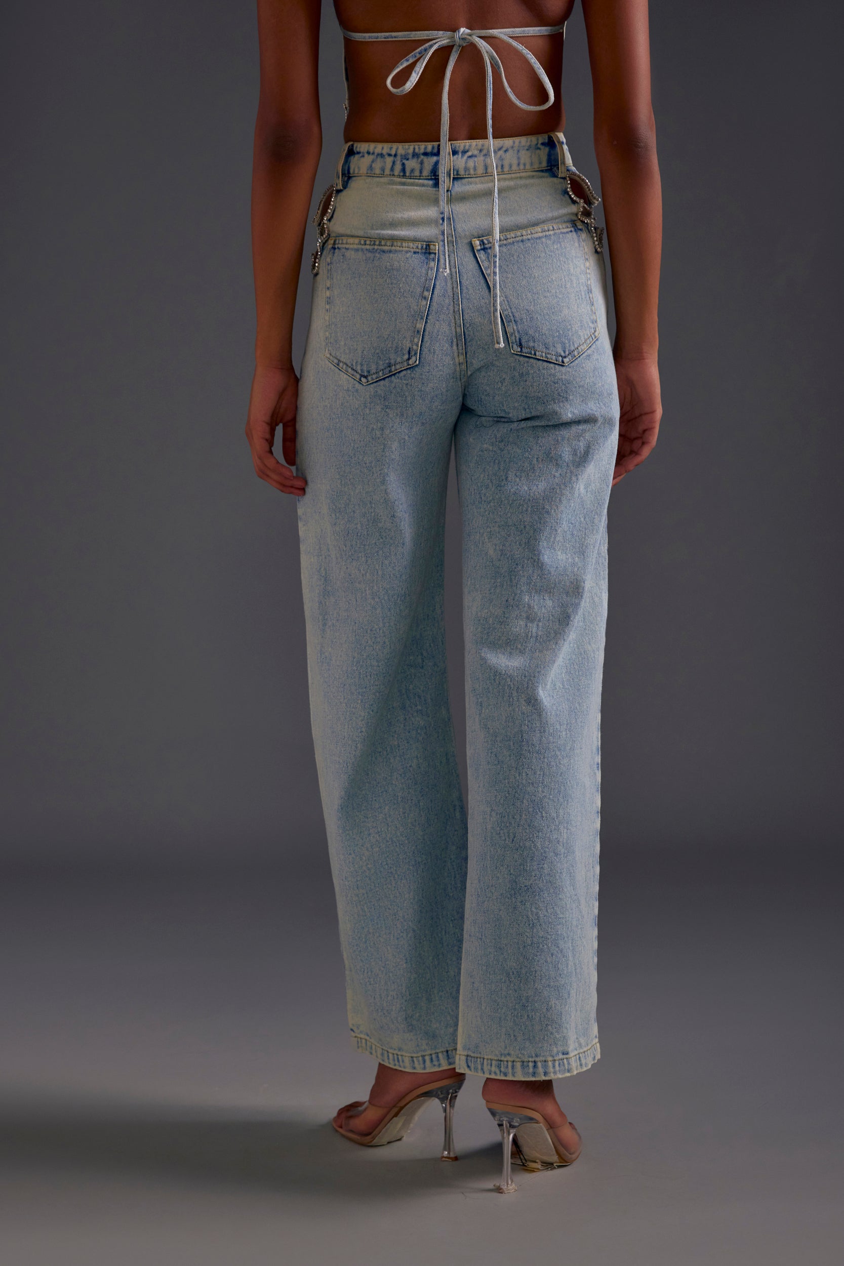 Rhinestone Embellished Cutout Jeans