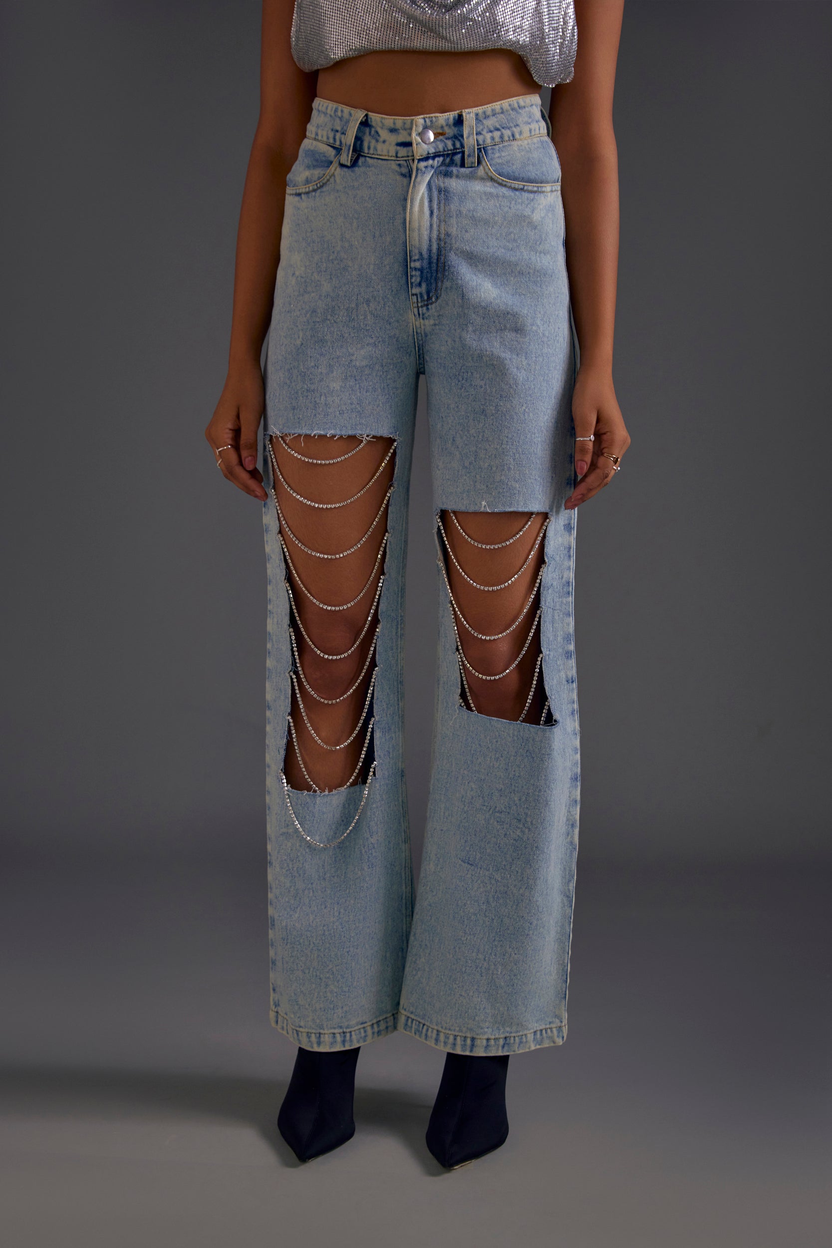 Rhinestone Embellished Ripped Jeans