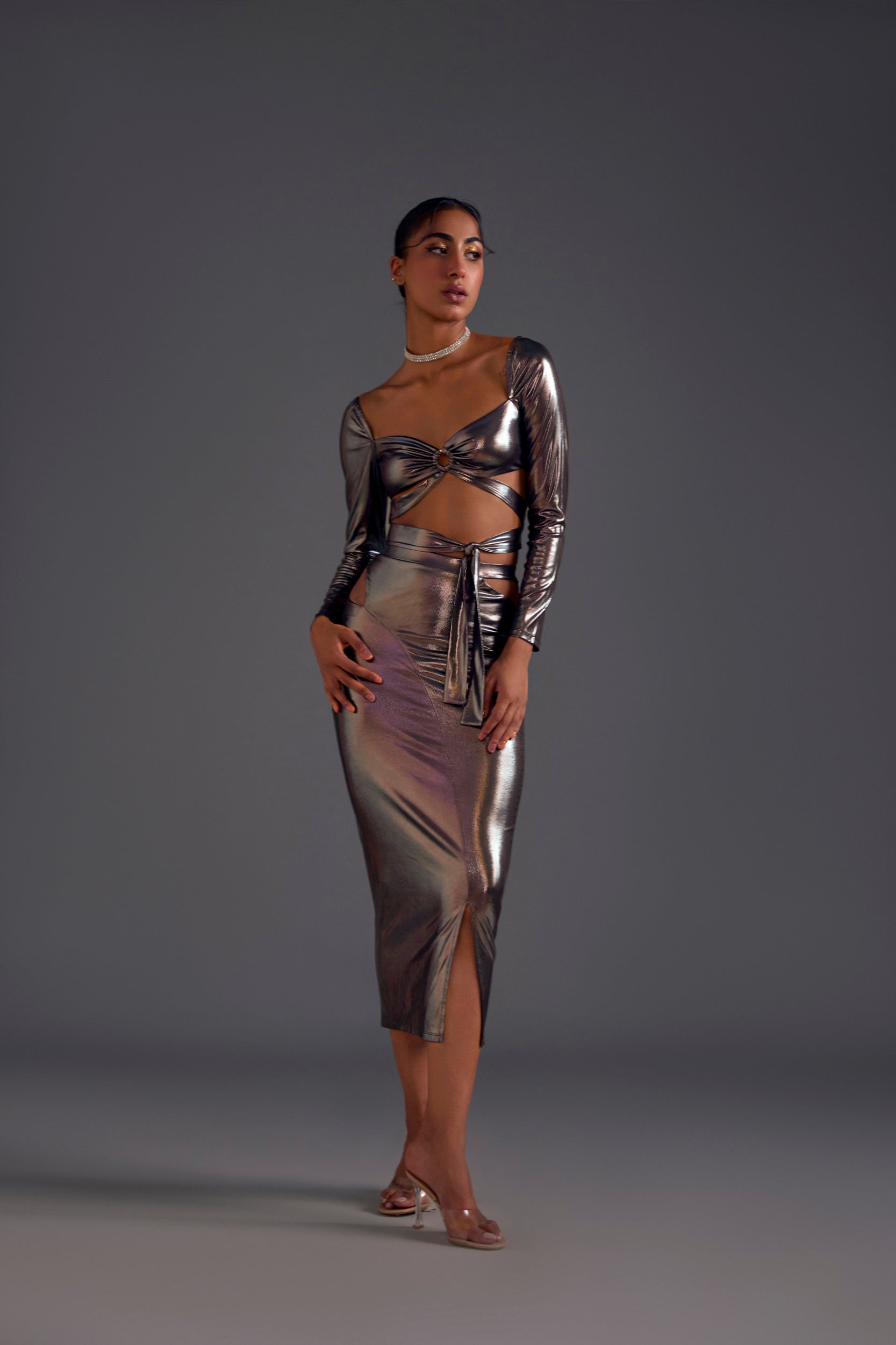 Dark Copper Wrap Top and Skirt Set