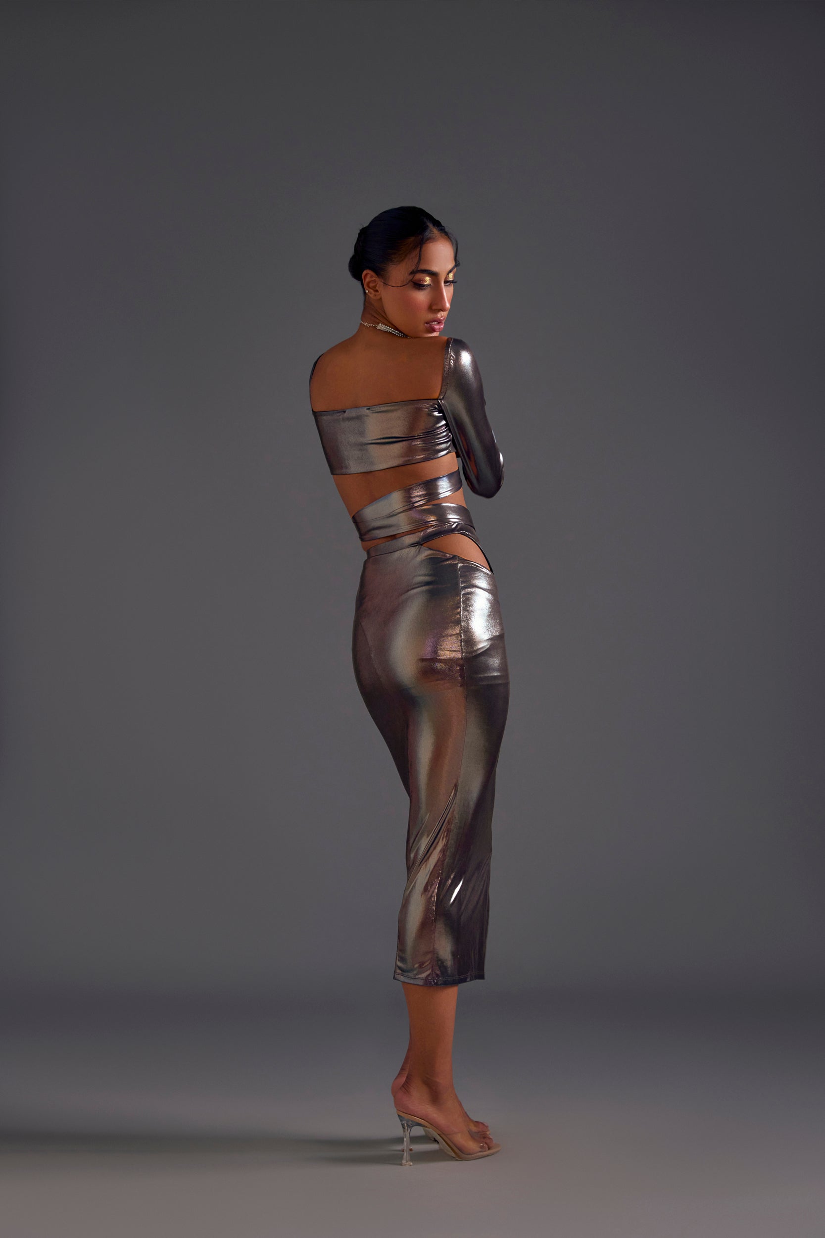 Dark Copper Wrap Top and Skirt Set