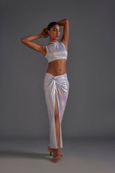 Light Silver Crop Top and Front Knotted Skirt Set