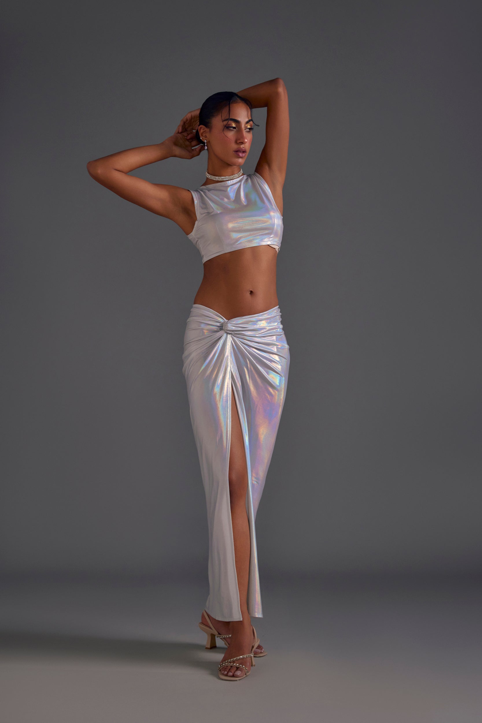 Light Silver Crop Top and Front Knotted Skirt Set