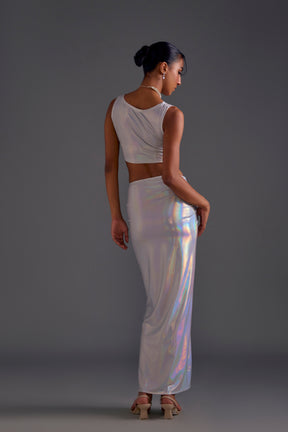 Light Silver Crop Top and Front Knotted Skirt Set
