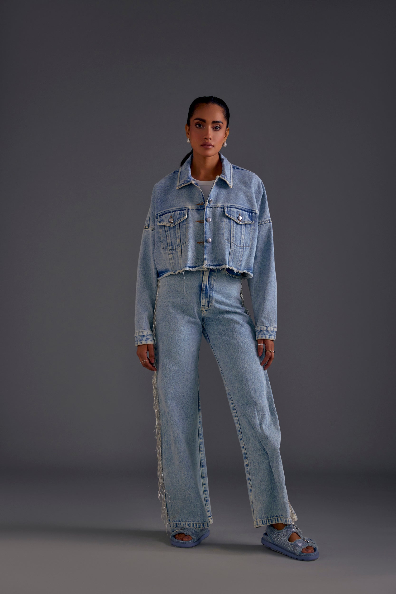 Rhinestone Embellished Oversized Denim Jacket Blue