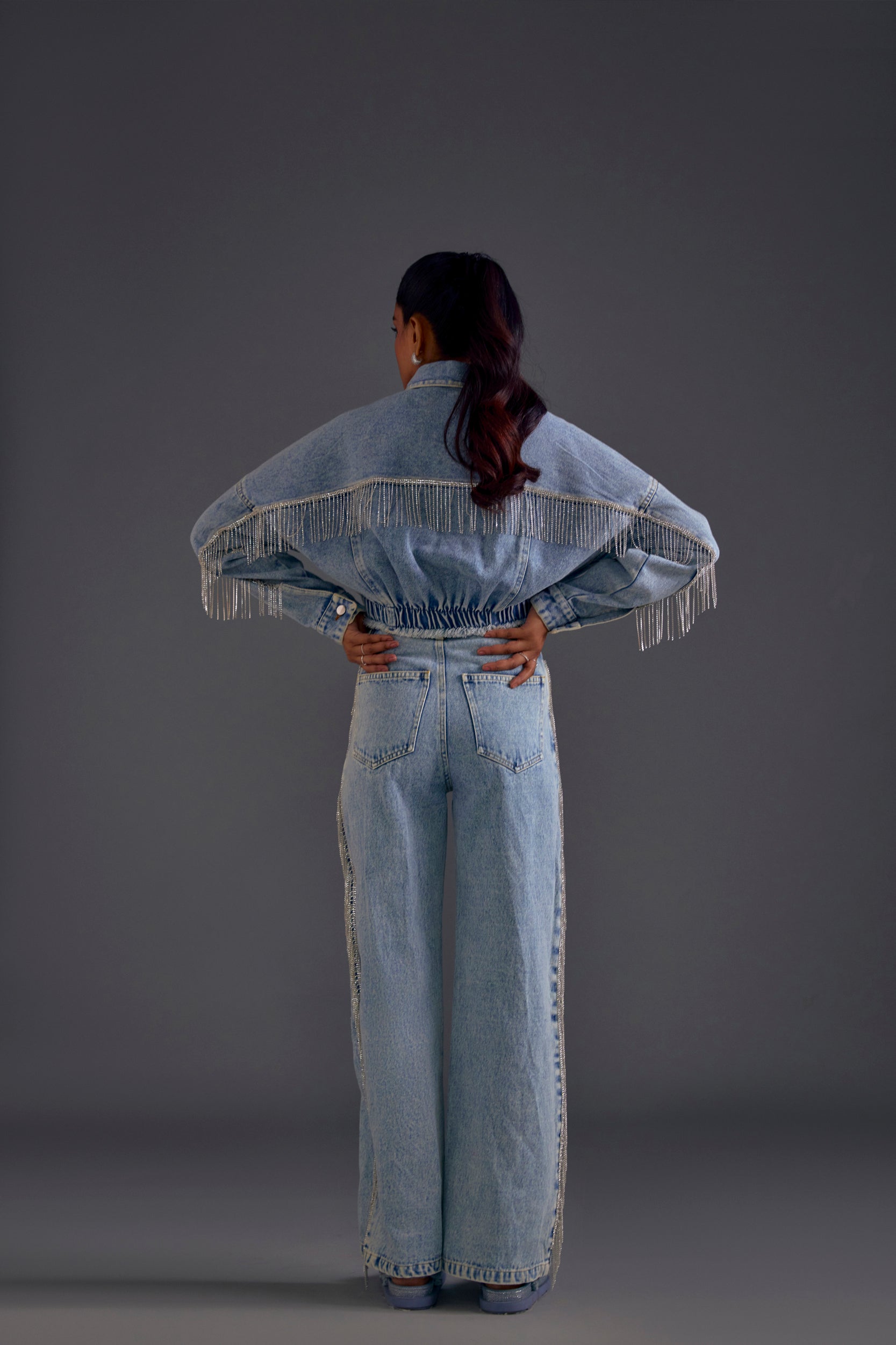 Rhinestone Embellished Oversized Denim Jacket Blue