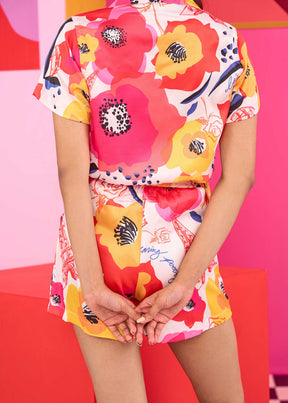 Floral Printed Satin Shirt and Shorts Set