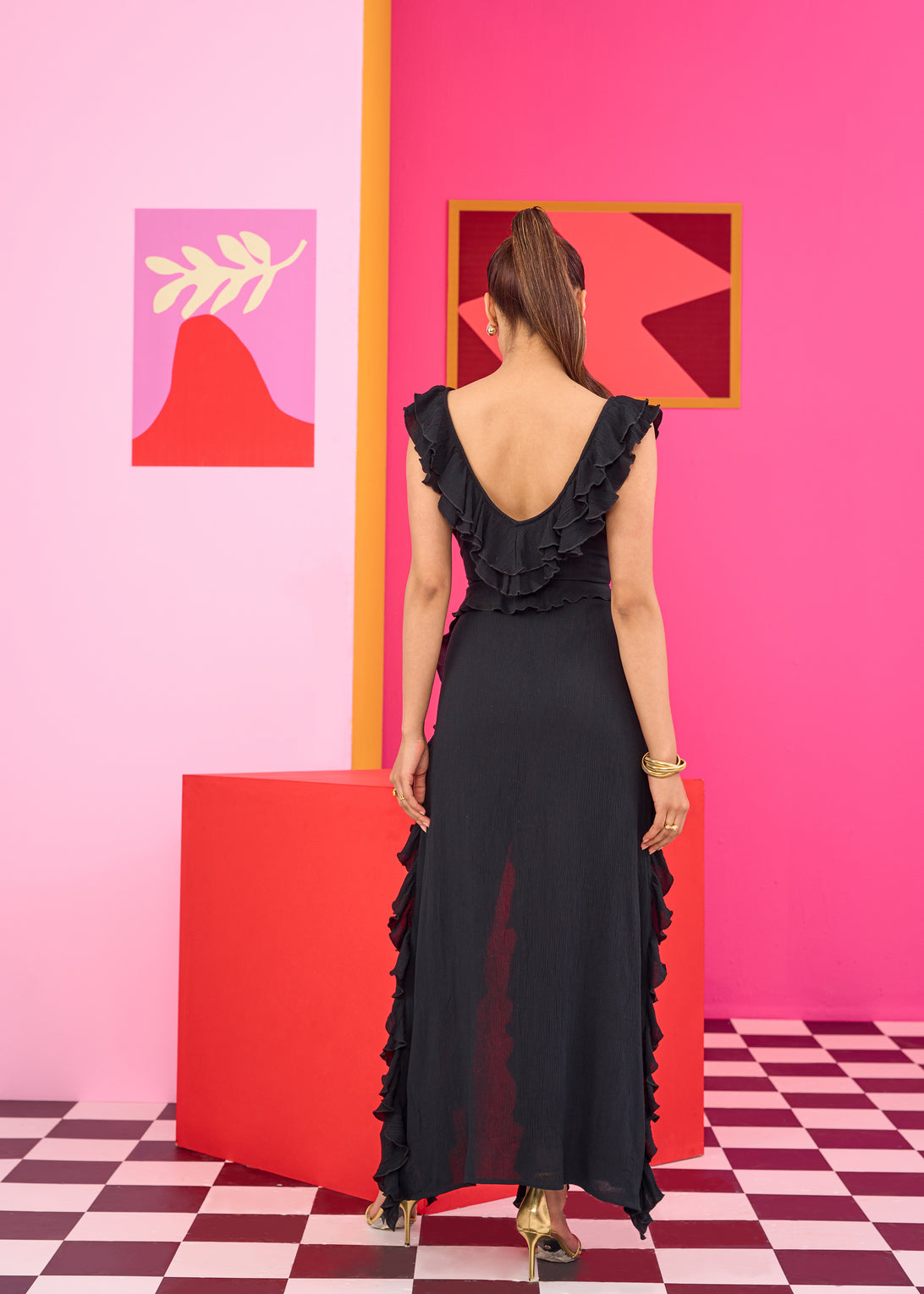 Emily in Paris: Black Ruffled High-Slit Maxi Dress