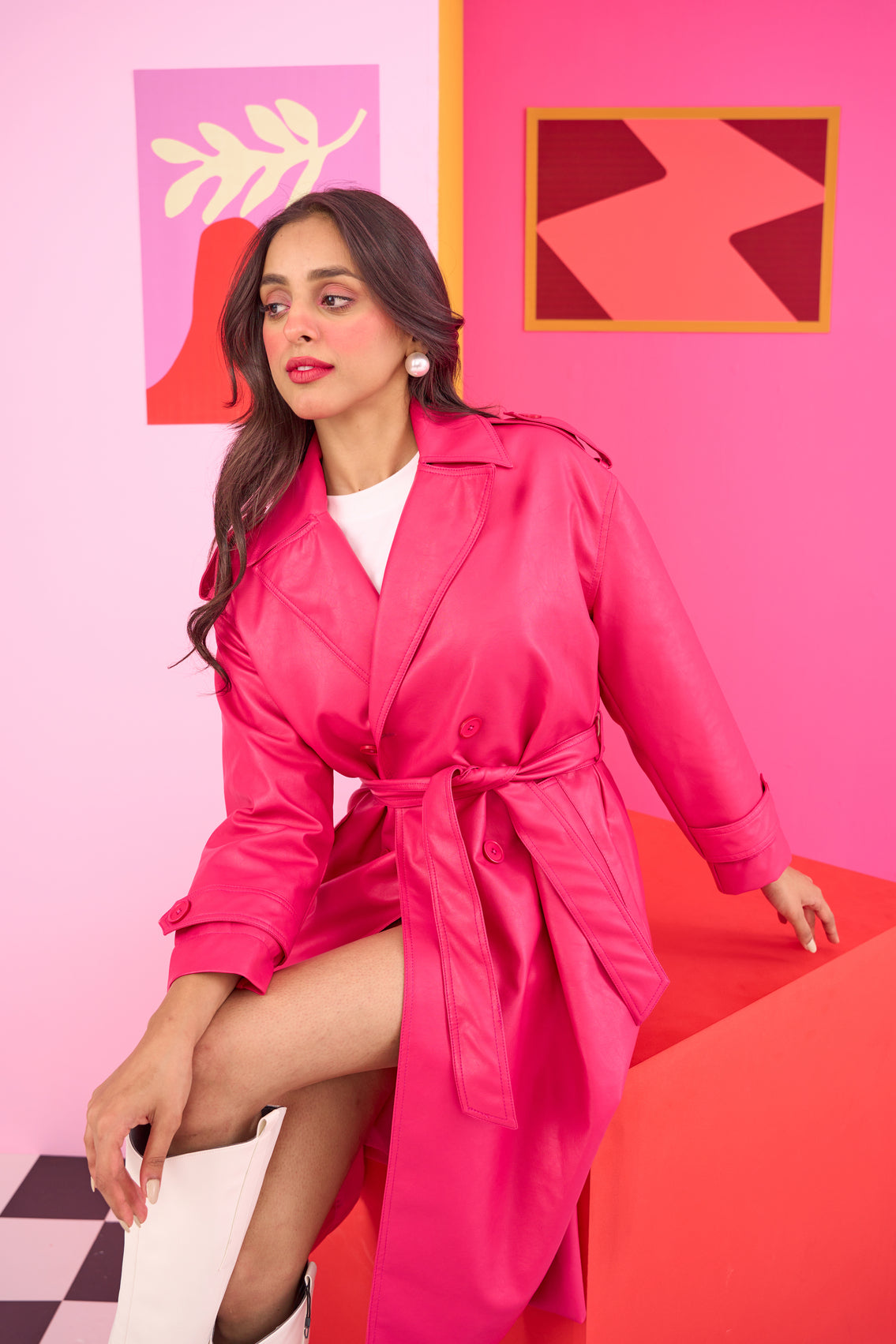 Pink Faux Leather Overcoat