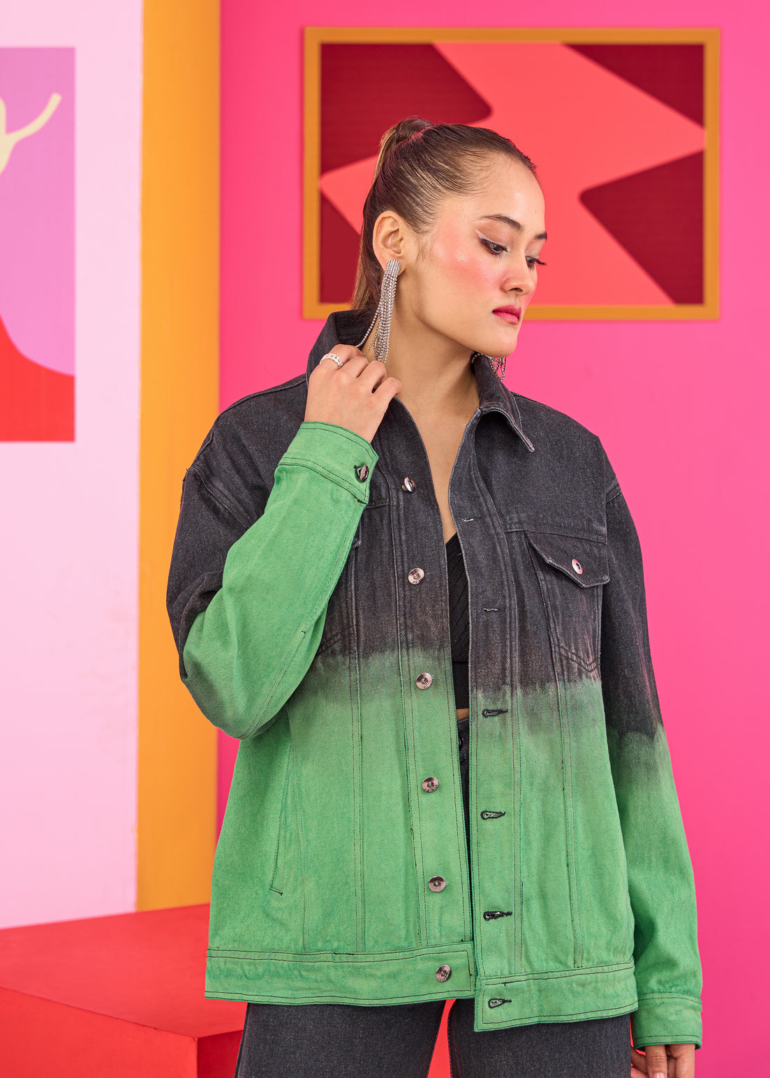 Emily in Paris: Black Green Ombre Denim Jacket