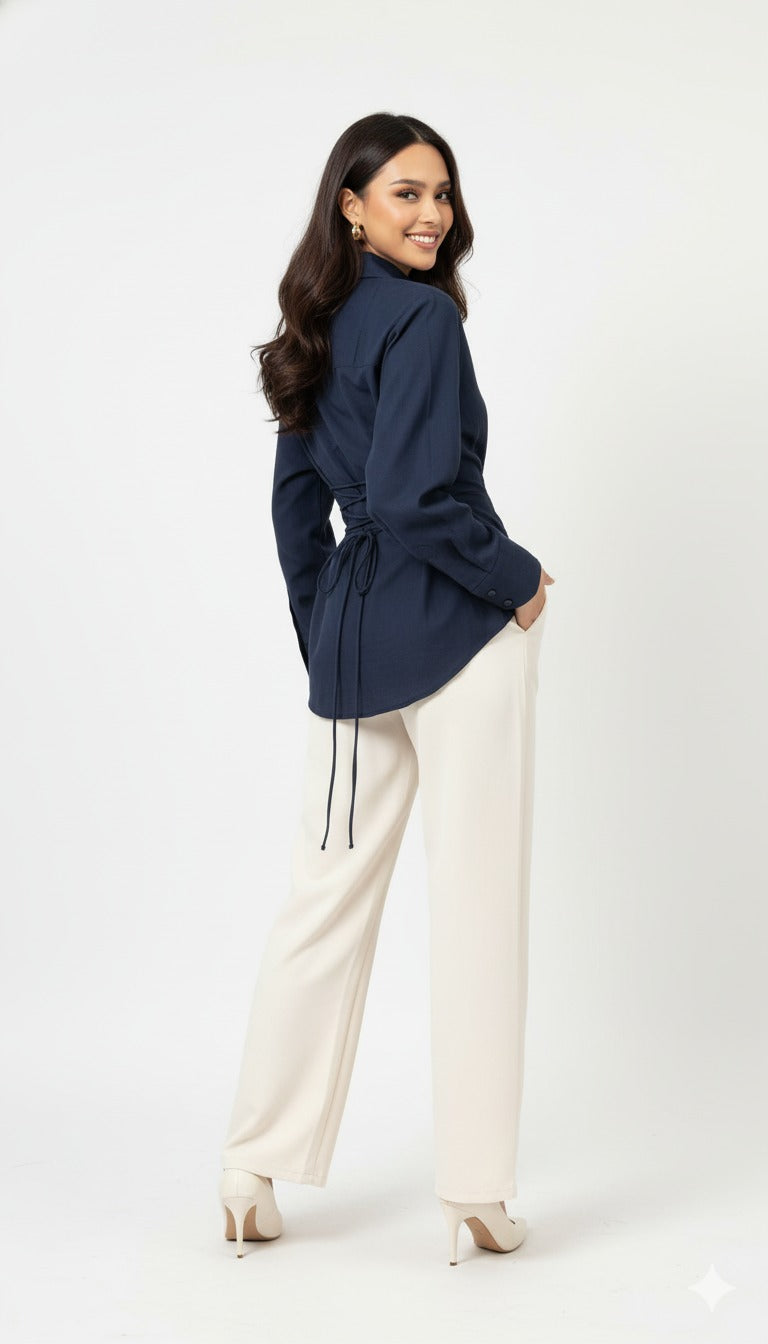 Navy Long Sleeve Shirt with Lace-Up Back