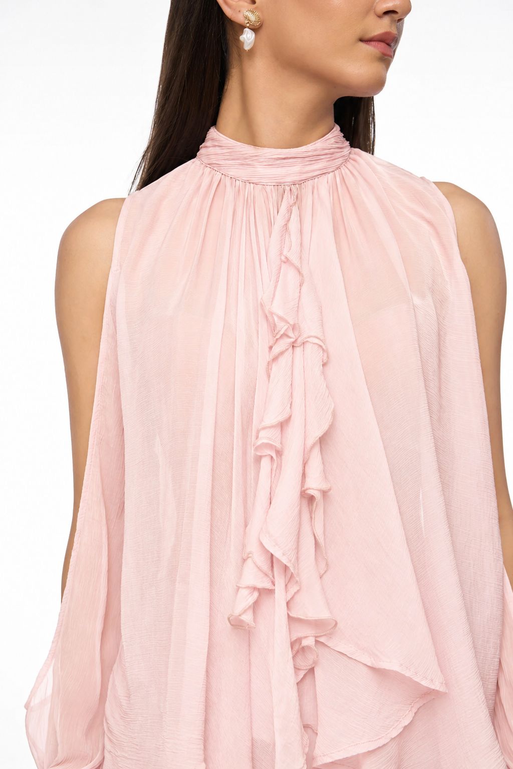 Blush Pink Ruffle High Neck Open Sleeve Top