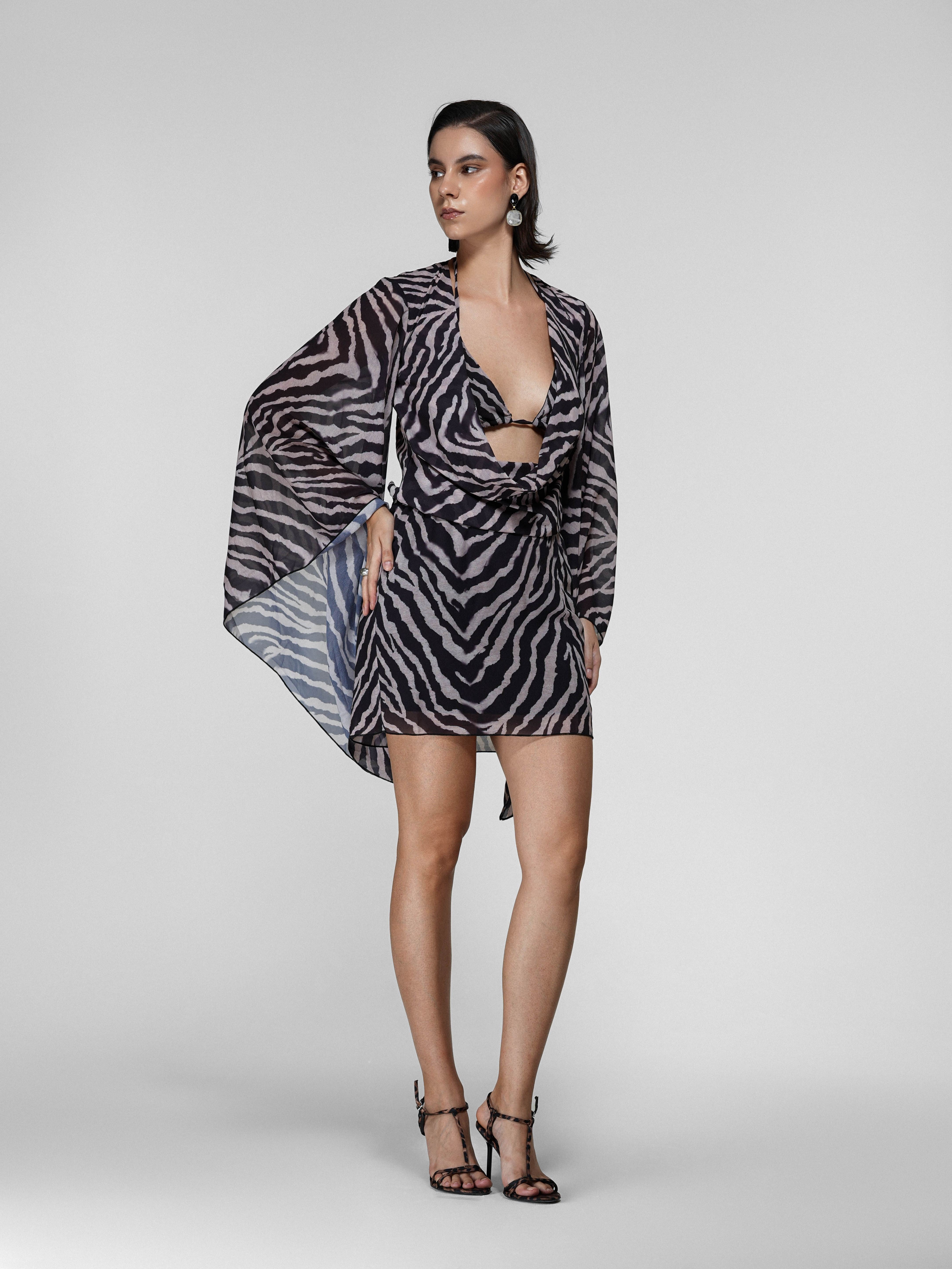Zebra Print Sheer Cowl Wrap Dress with Bell Sleeves