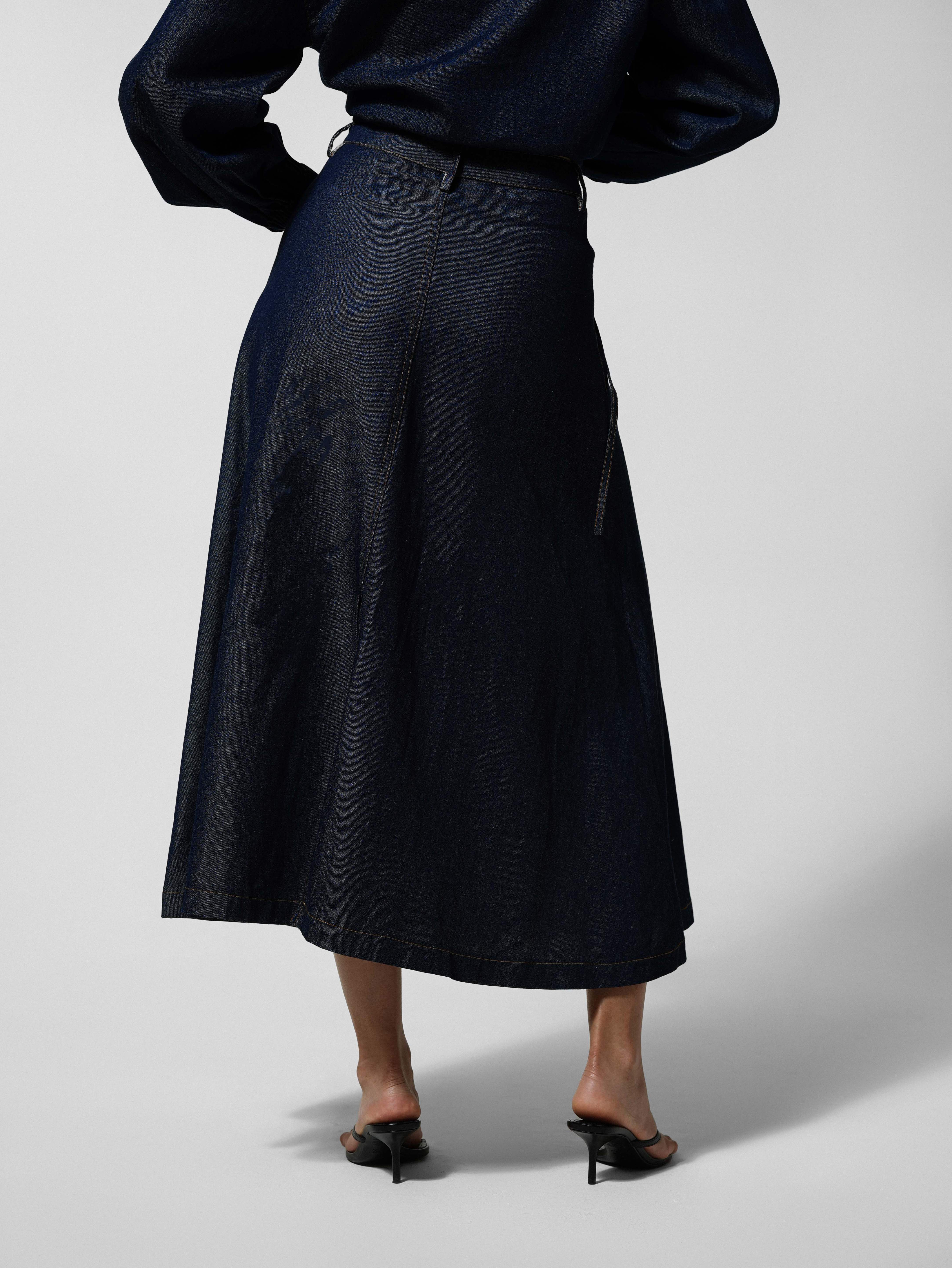 Navy Denim A-Line Maxi Skirt