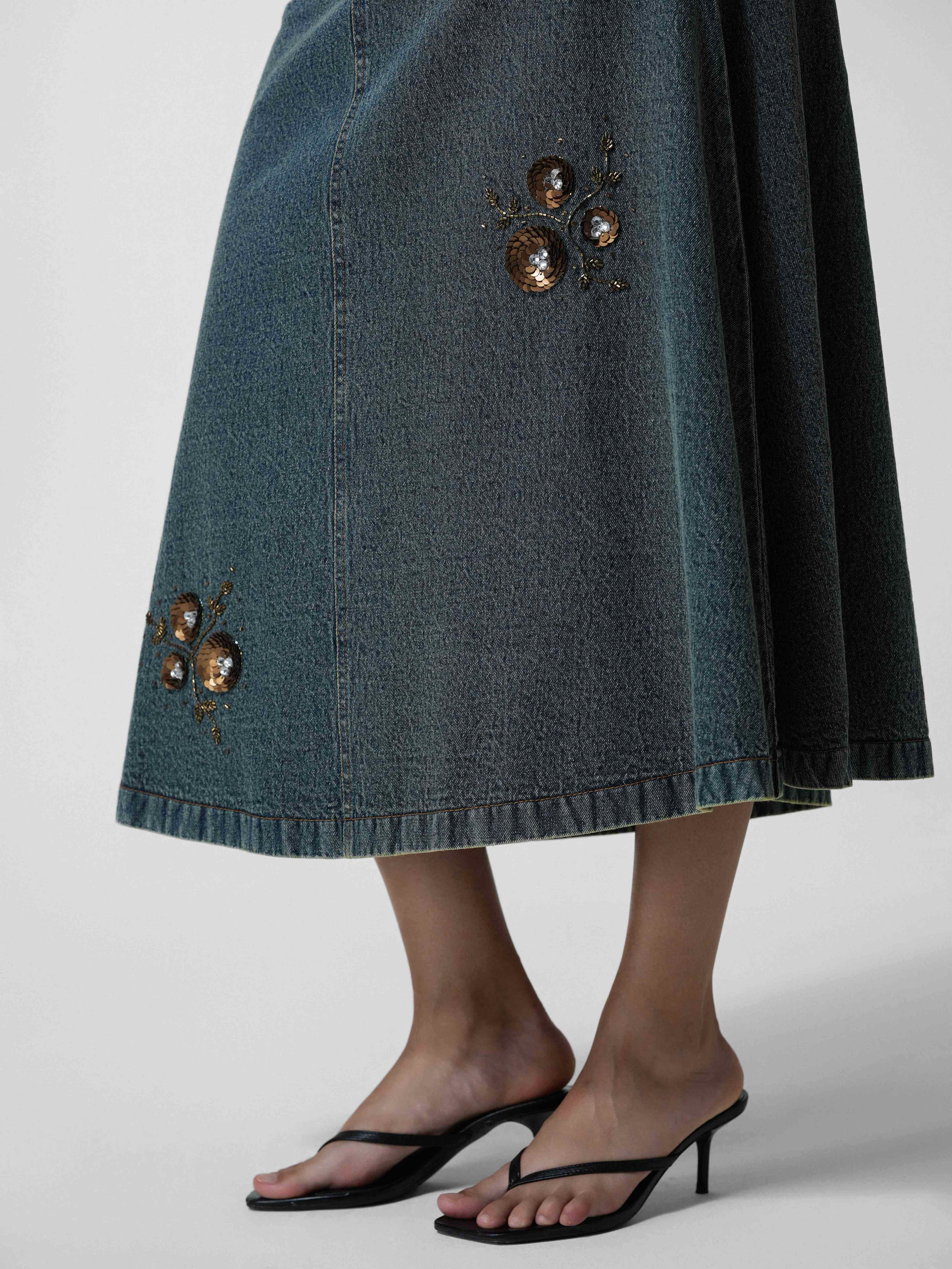 Beaded Vintage-Wash Denim Maxi Skirt