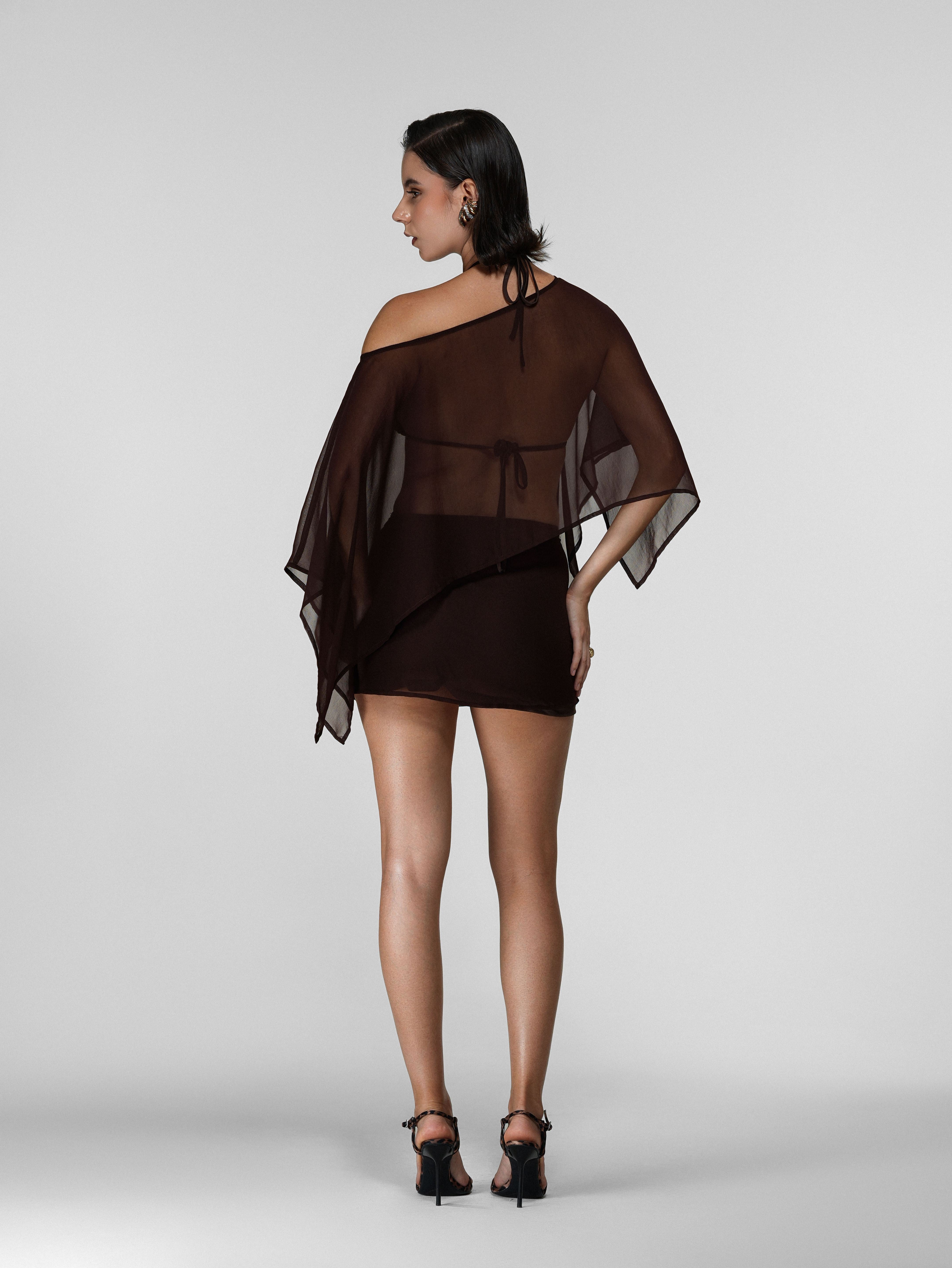 Brown Sheer Asymmetric Draped Cape