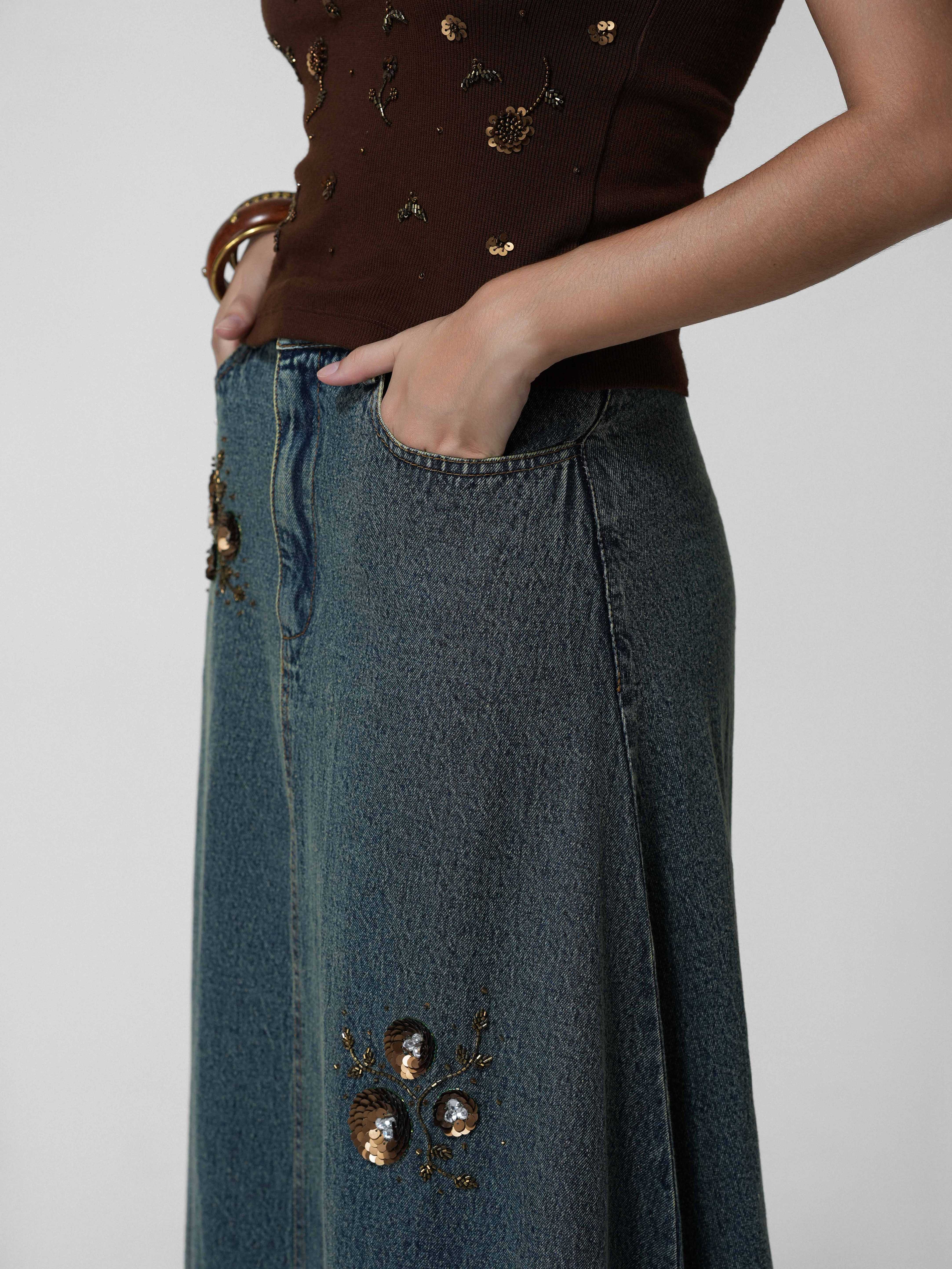 Beaded Vintage-Wash Denim Maxi Skirt