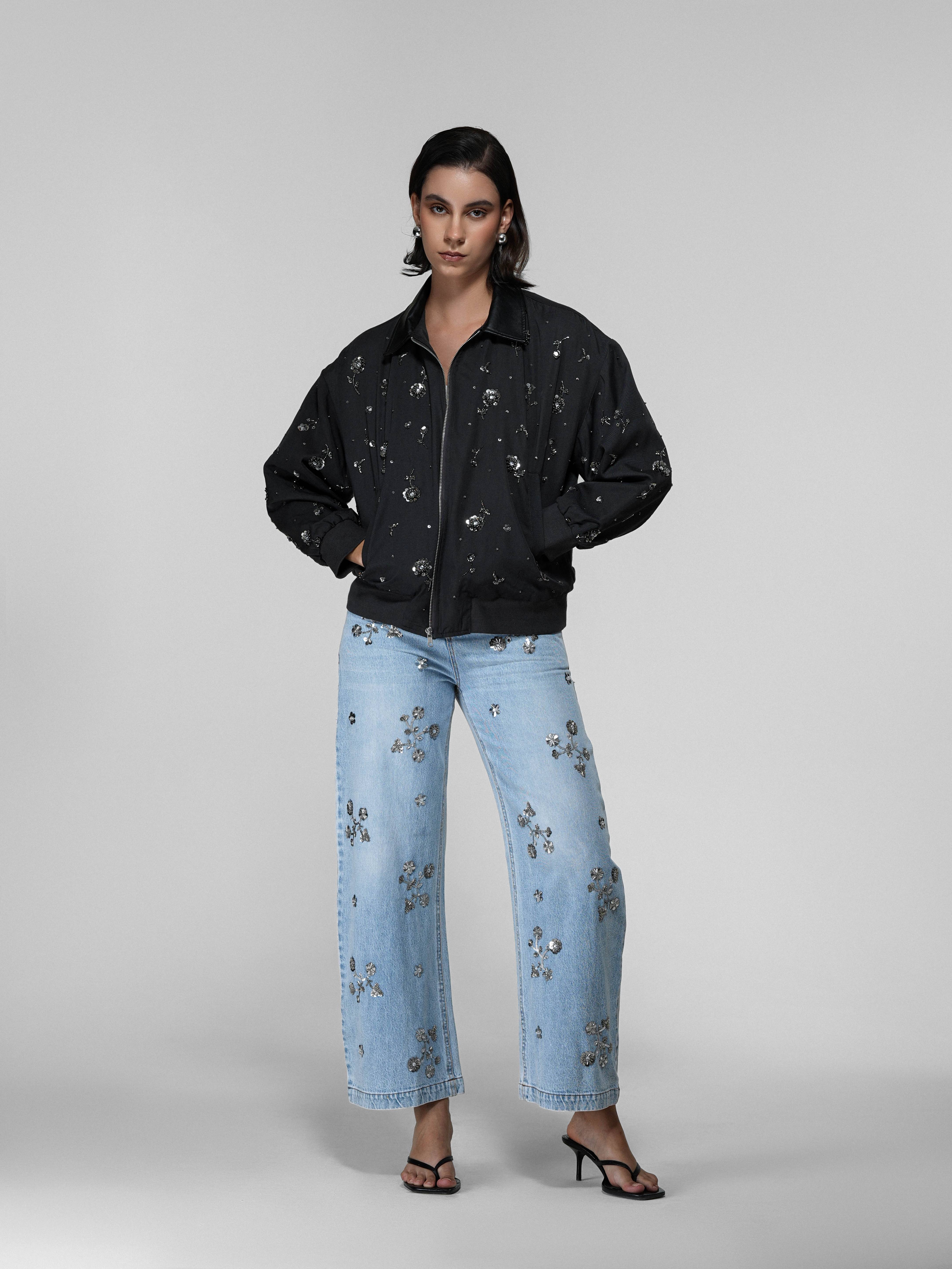 Floral Embellished Wide-Leg Jeans
