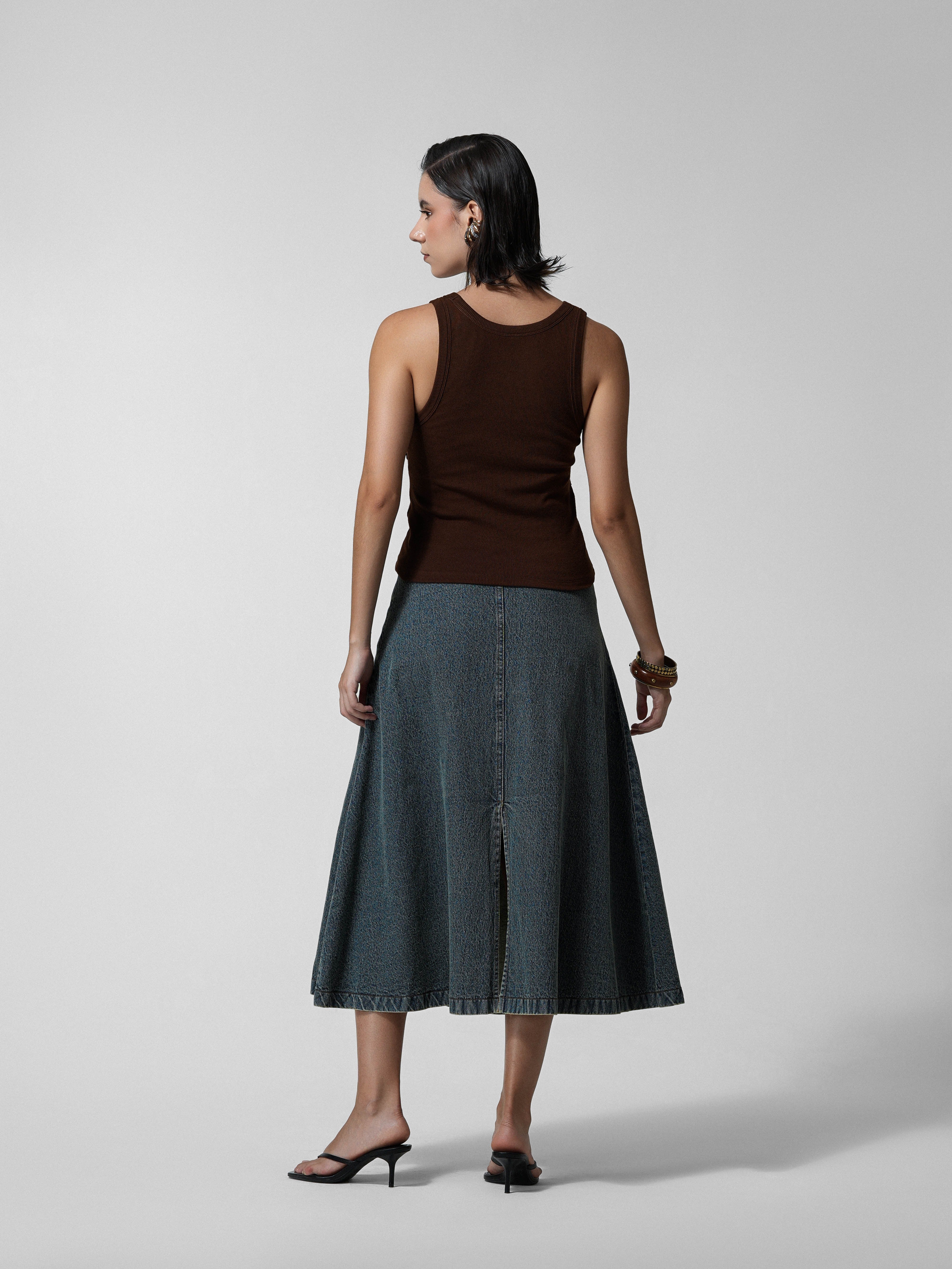 Beaded Vintage-Wash Denim Maxi Skirt