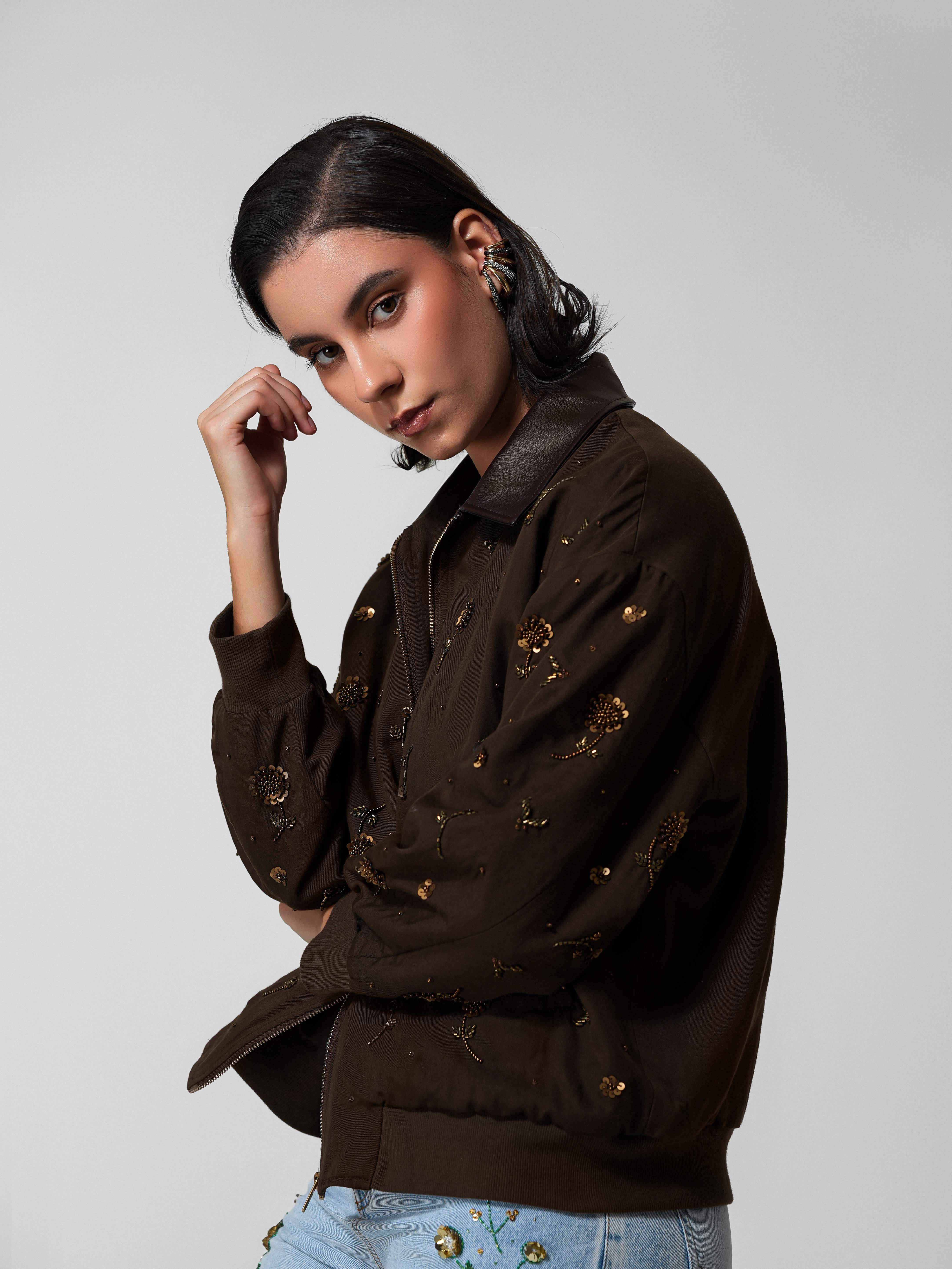 Brown Floral Beaded Cropped Bomber Jacket