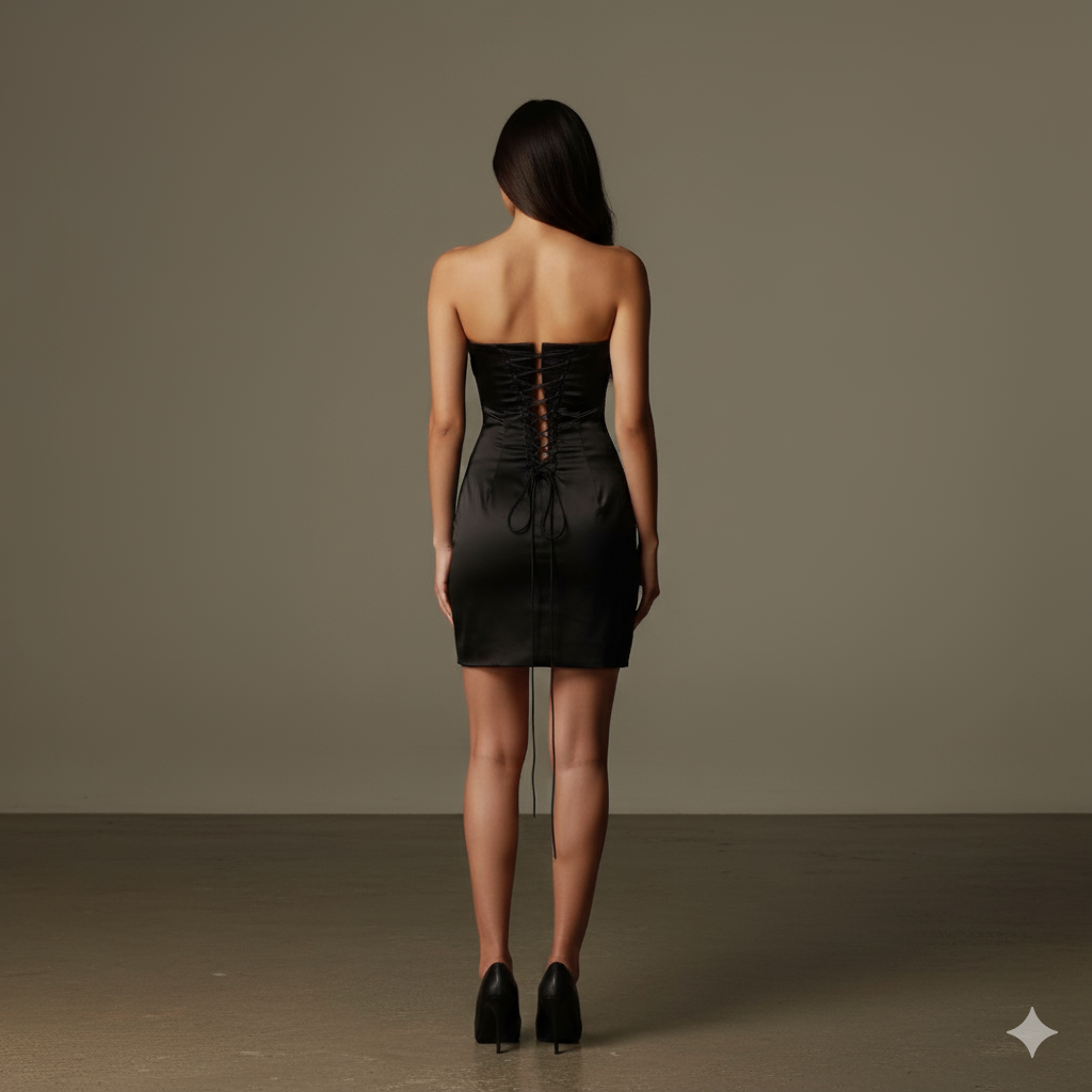 Black Satin Strapless Cowl Neck Mini Dress With Scarf